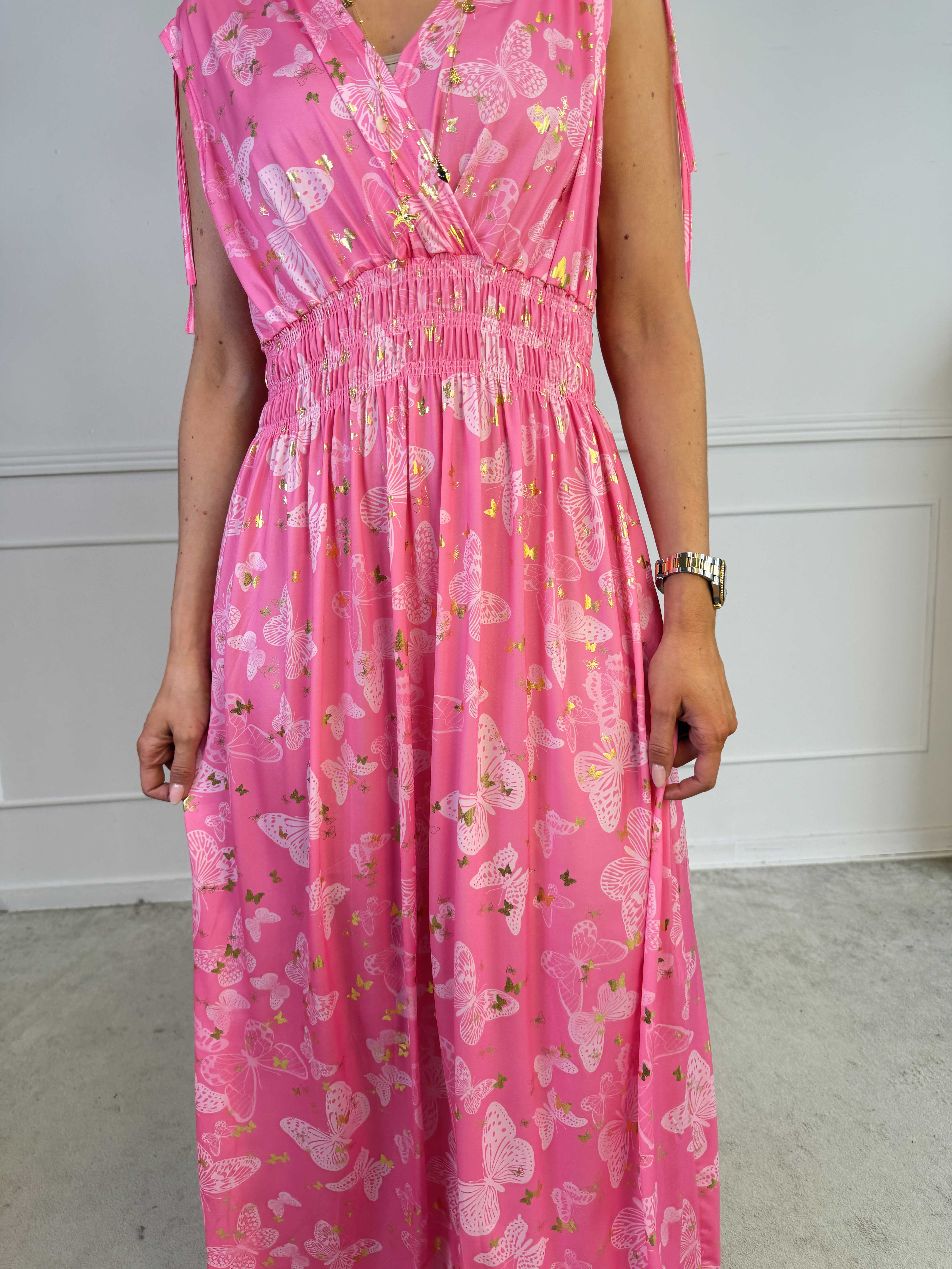 Pams Butterfly Sleeveless - Lang elastisk kjole med sommerfugleprint og gulddetaljer