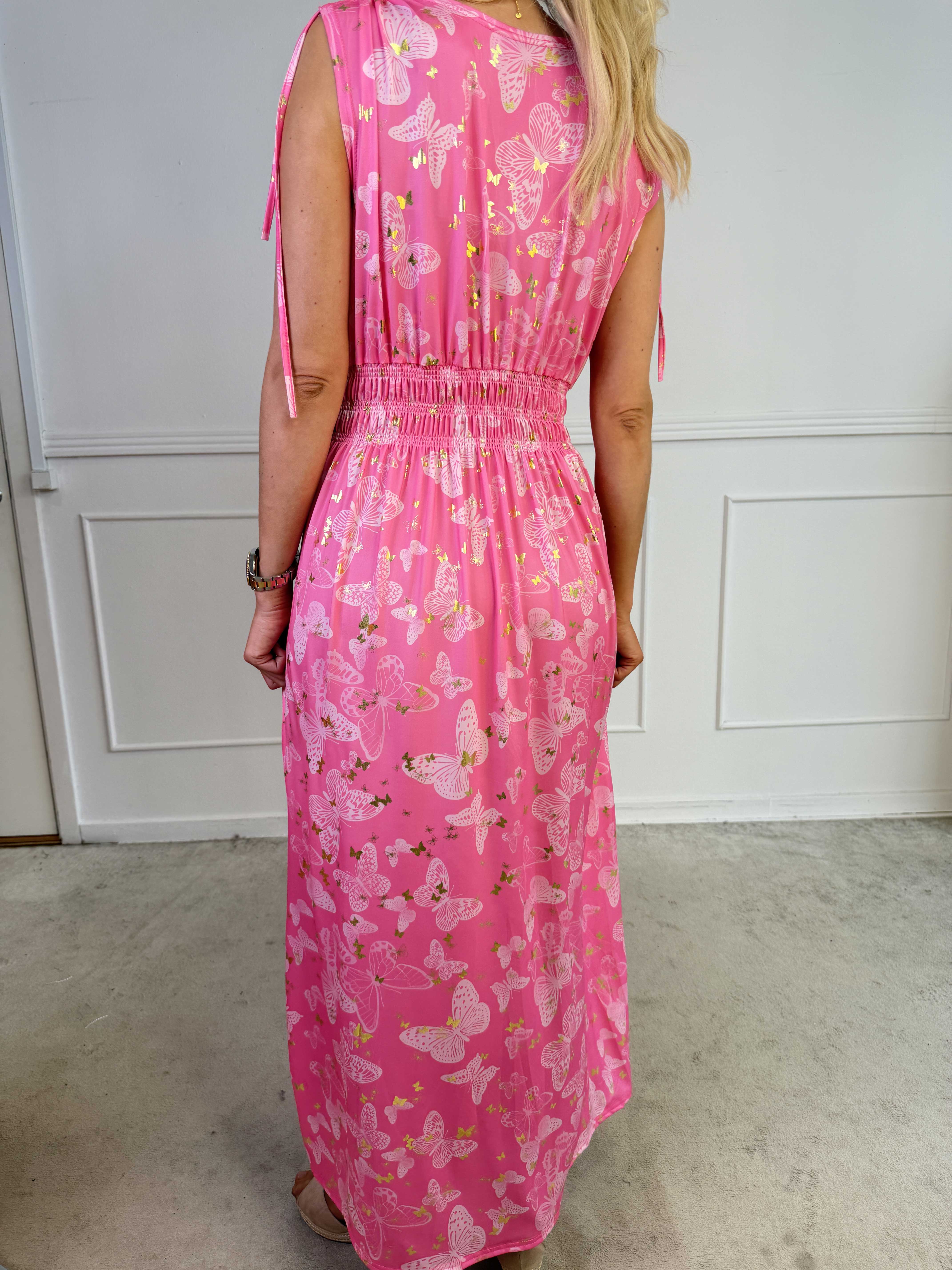 Pams Butterfly Sleeveless - Lang elastisk kjole med sommerfugleprint og gulddetaljer