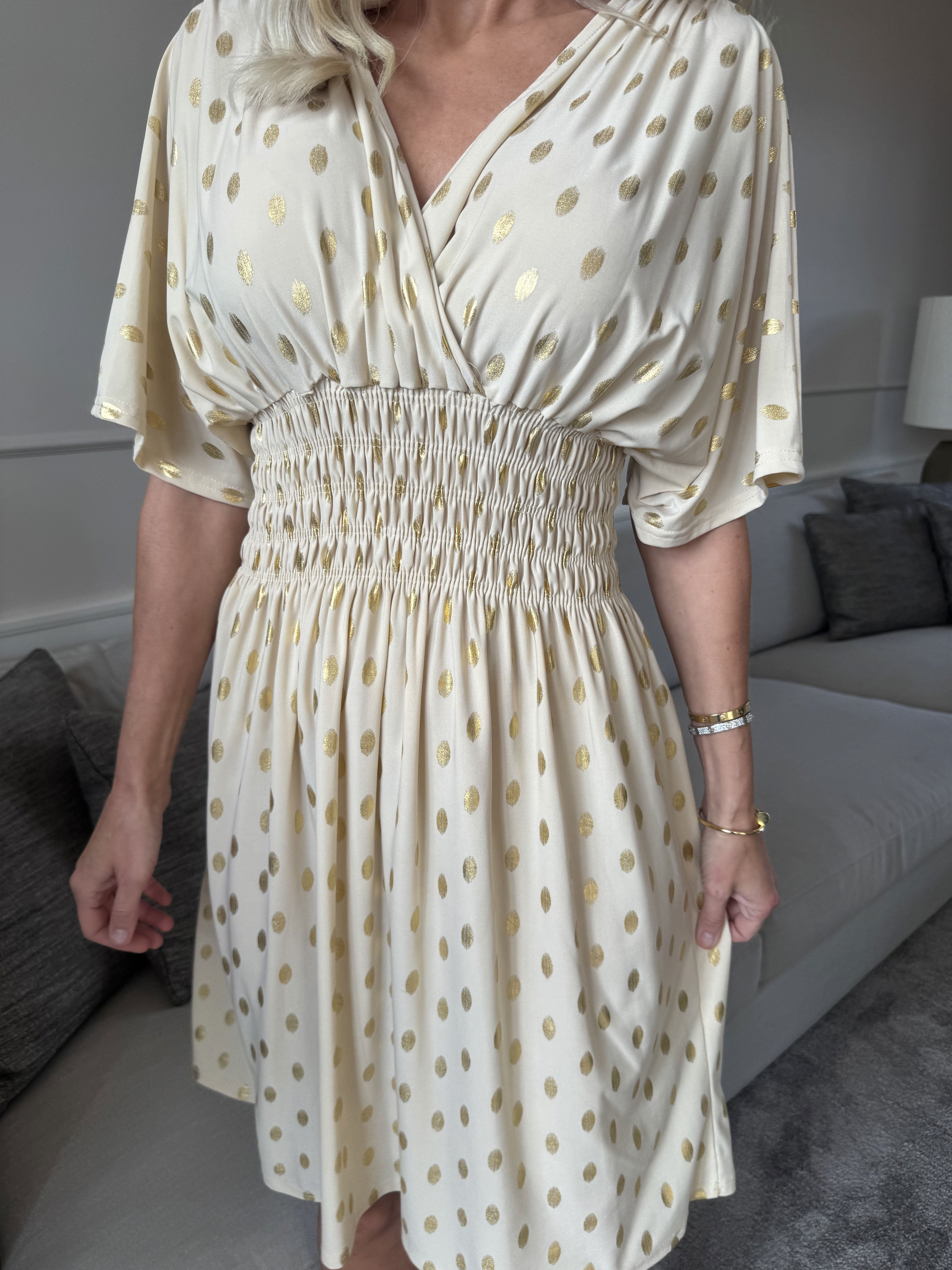Pams Dot Short - Enfärgad elastisk klänning med guldprickar