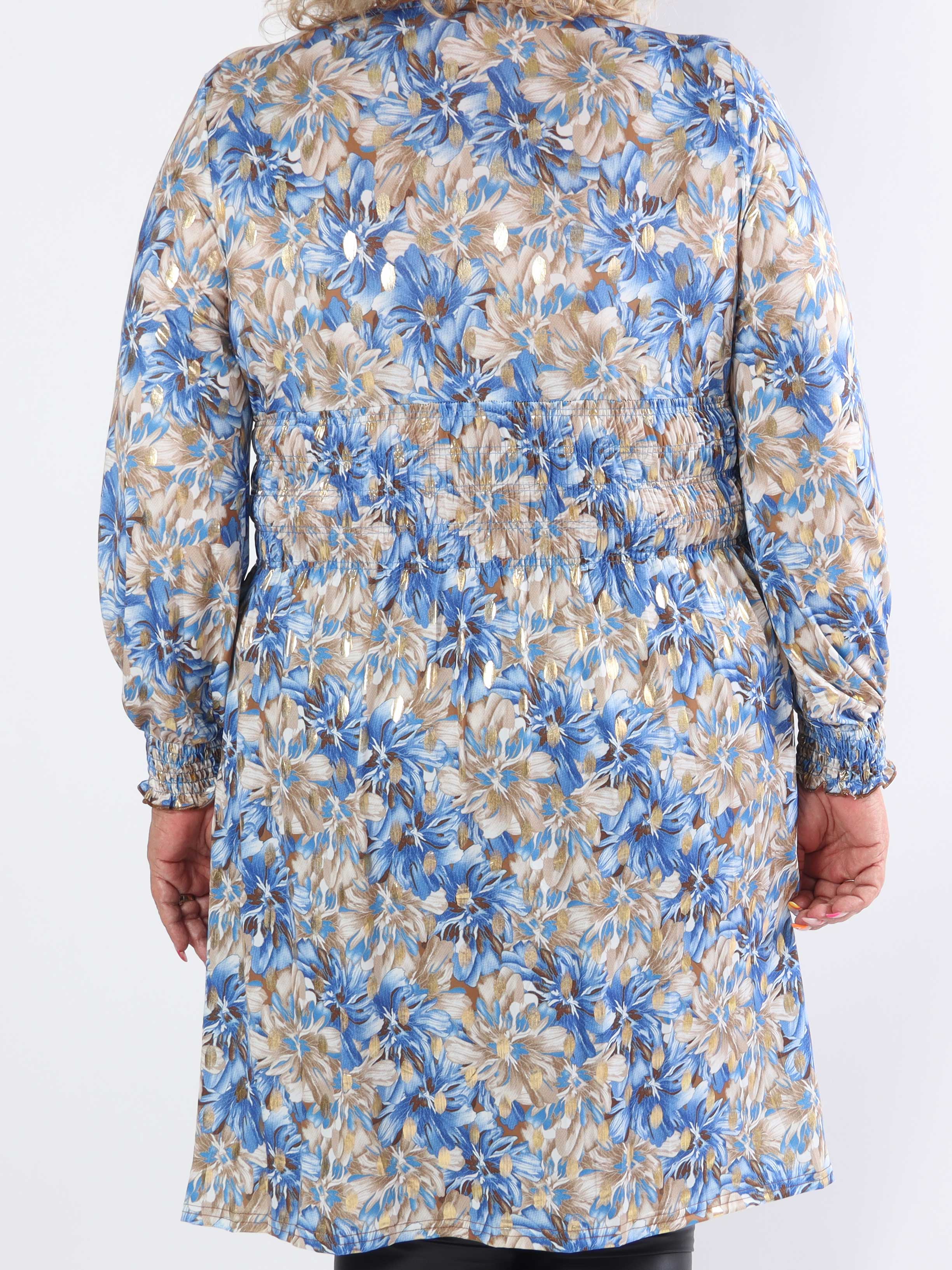 Pams Floral Short L/S - Elastisk plus size-klänning med smockad midja