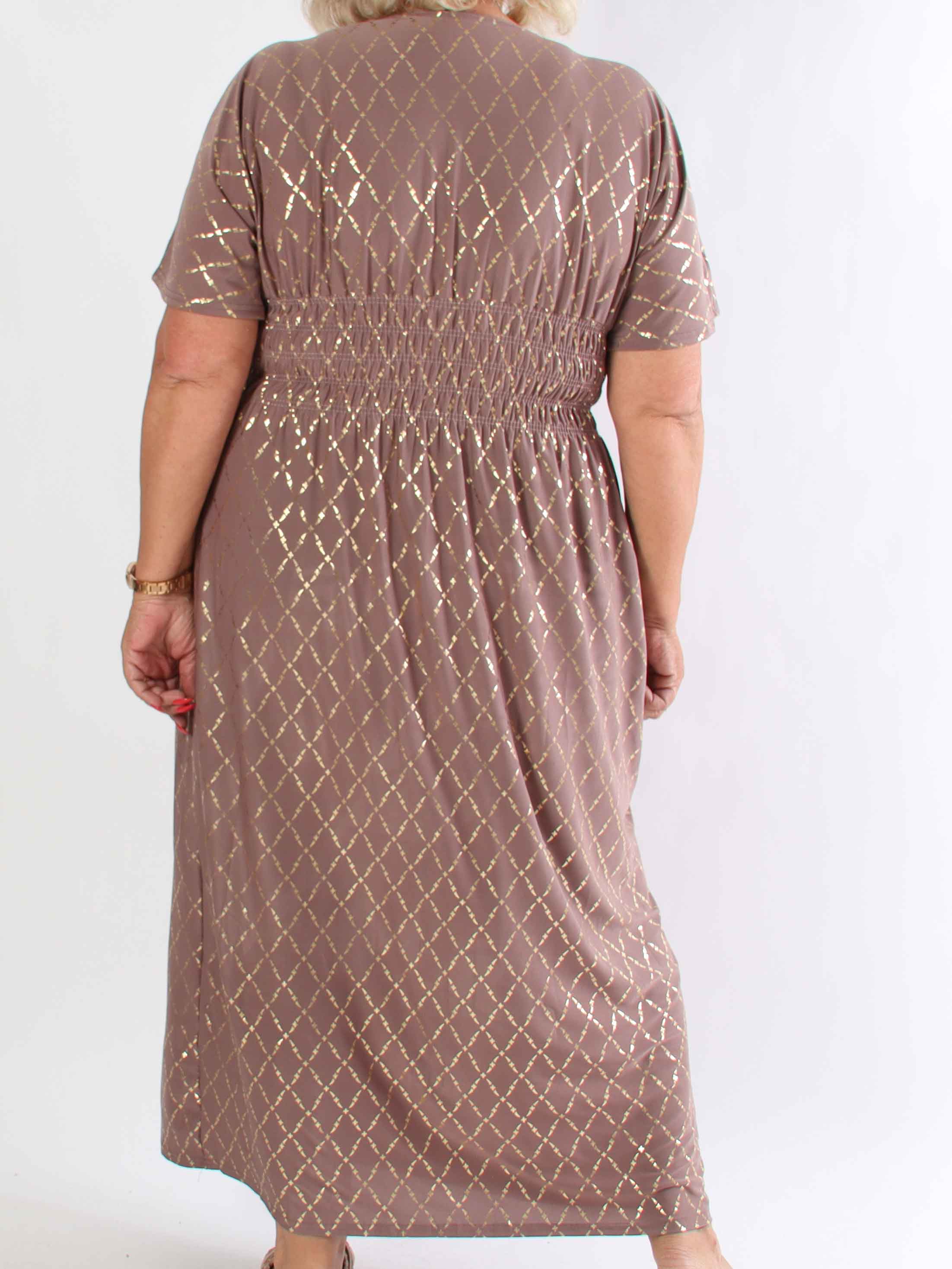 Pams Gold Check - Lång elastisk plus size klänning med gulddetaljer