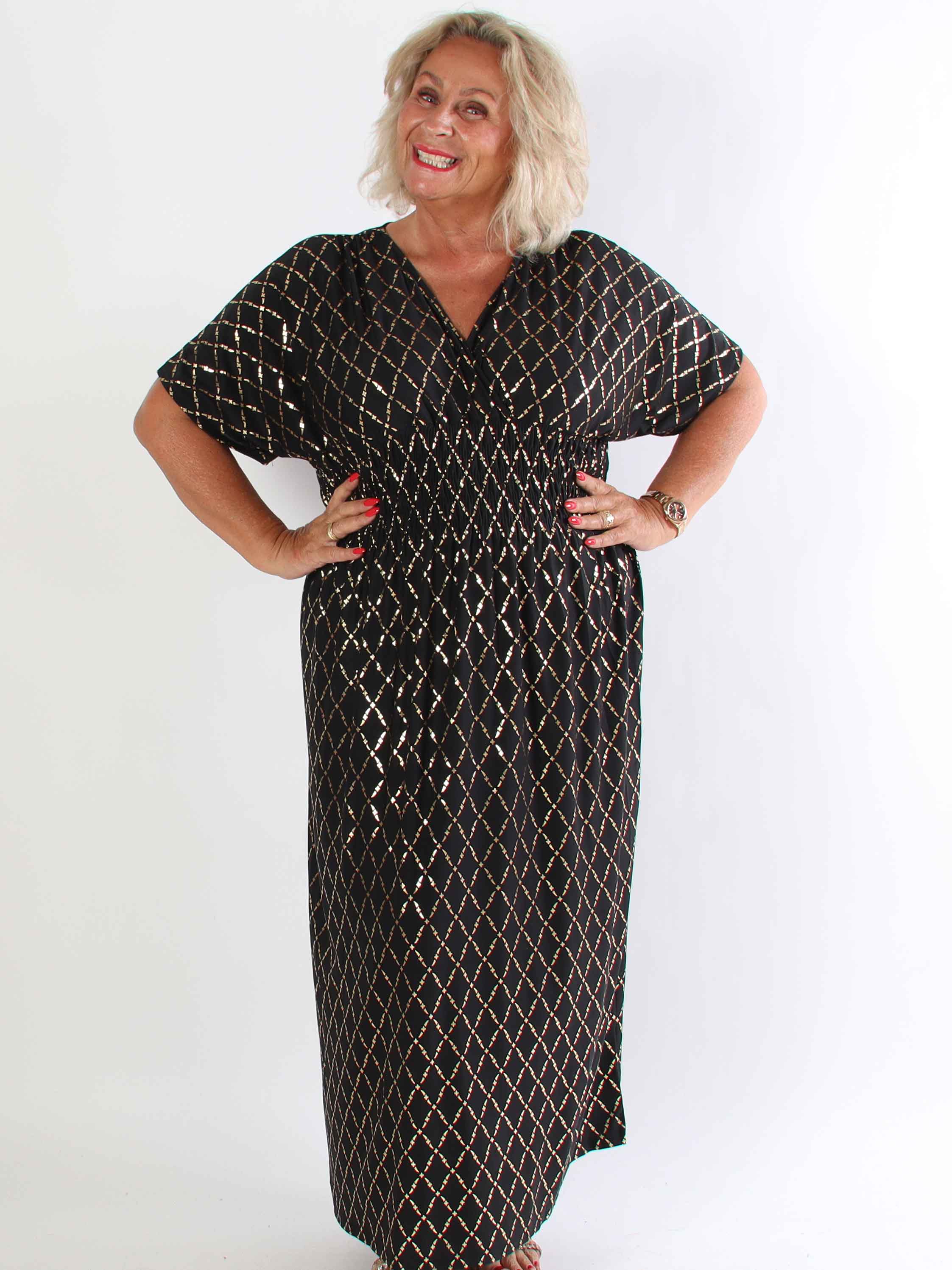 Pams Gold Check - Lång elastisk plus size klänning med gulddetaljer