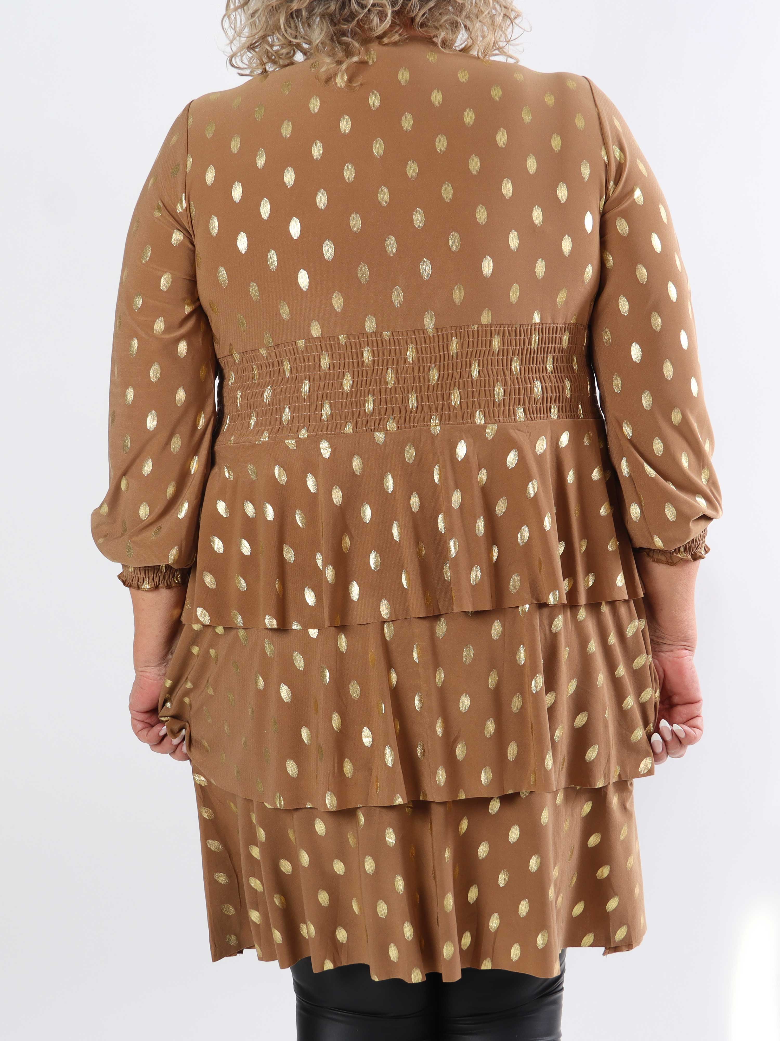 Pams Gold Dot Frills - Söt stretchig plus size-klänning med volanger