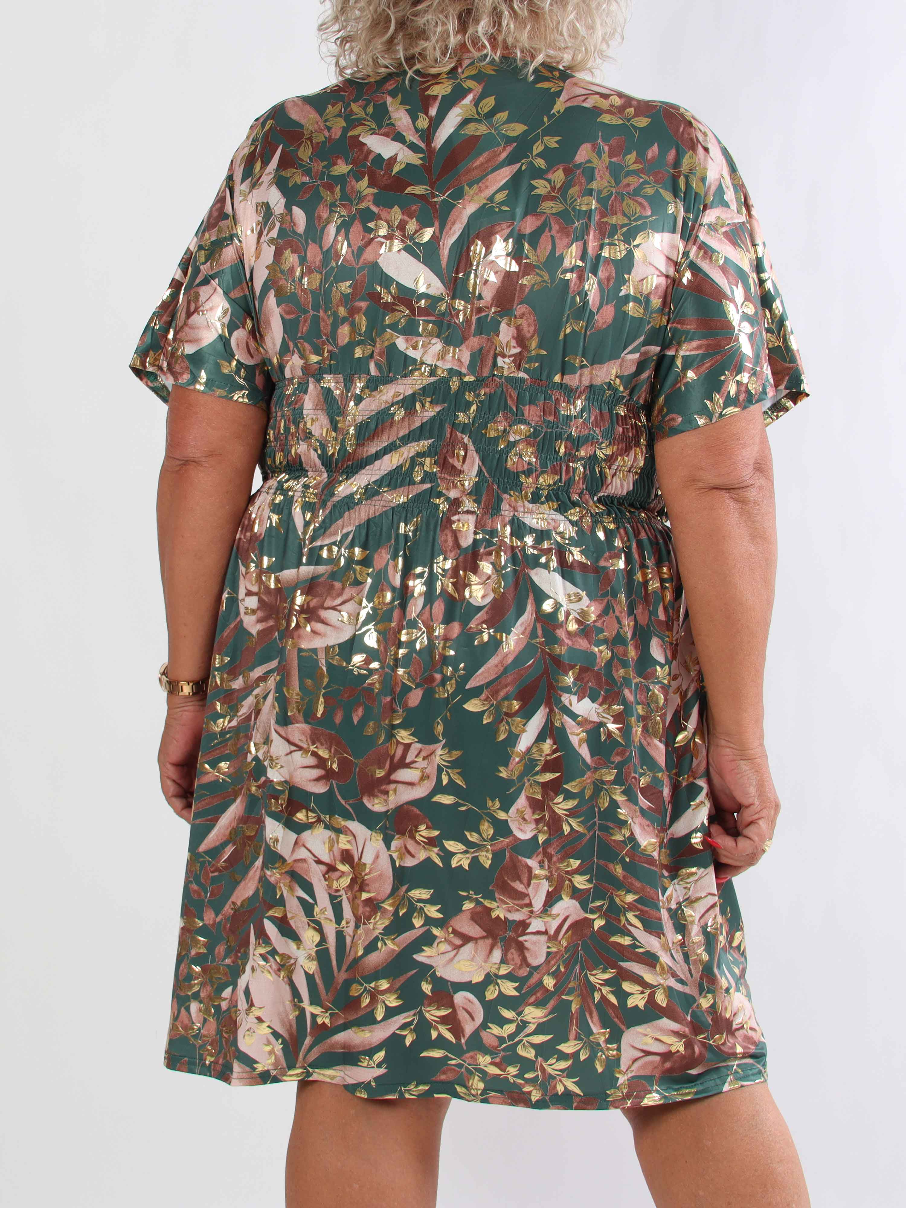 Pams Gold Leaf Short - Plus size klänning med blommigt mönster och gulddetaljer