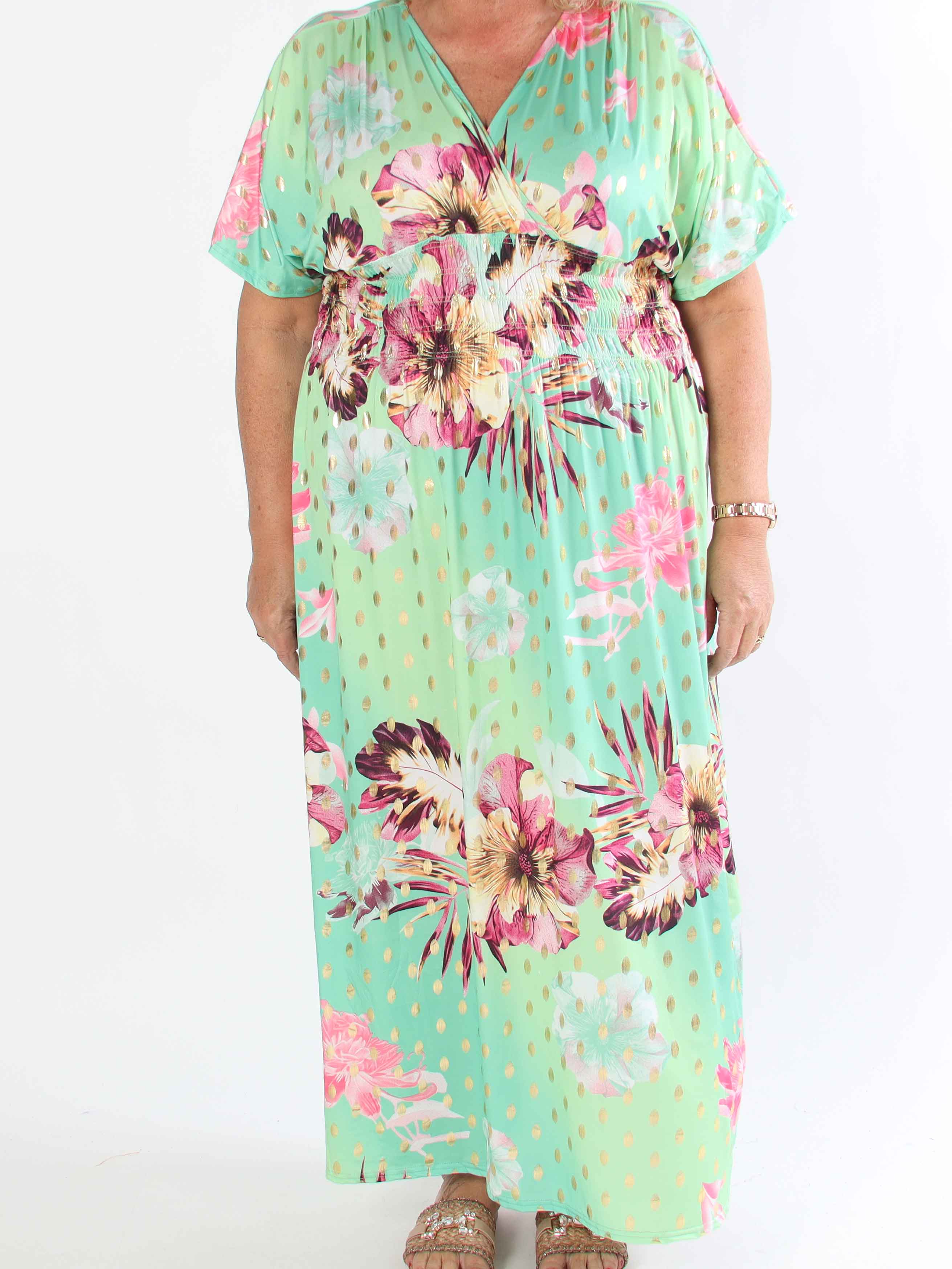 Pams Hawaii - Lång plus size klänning i stretchtyg med blommönster