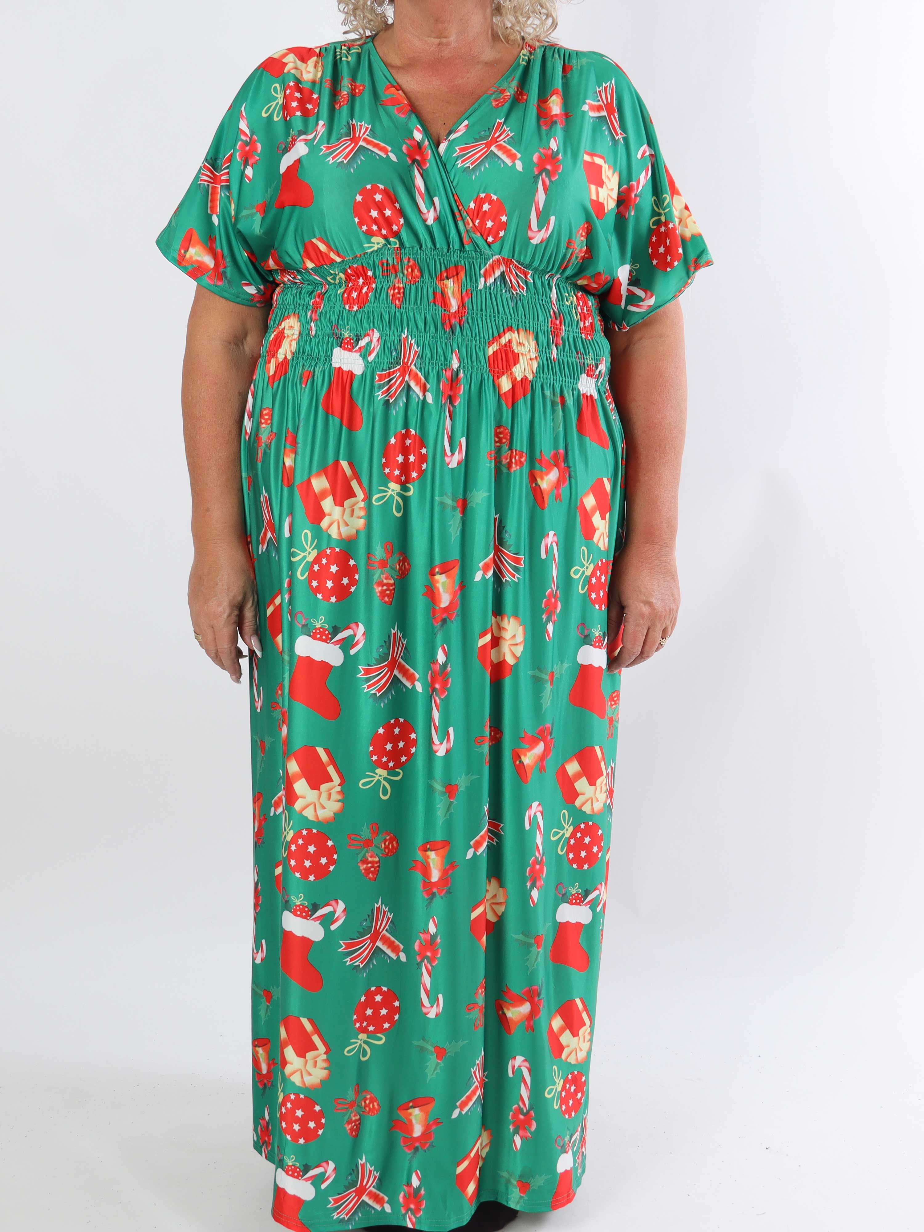 Pams Holiday - Lång stretchig plus size-klänning med julmotiv