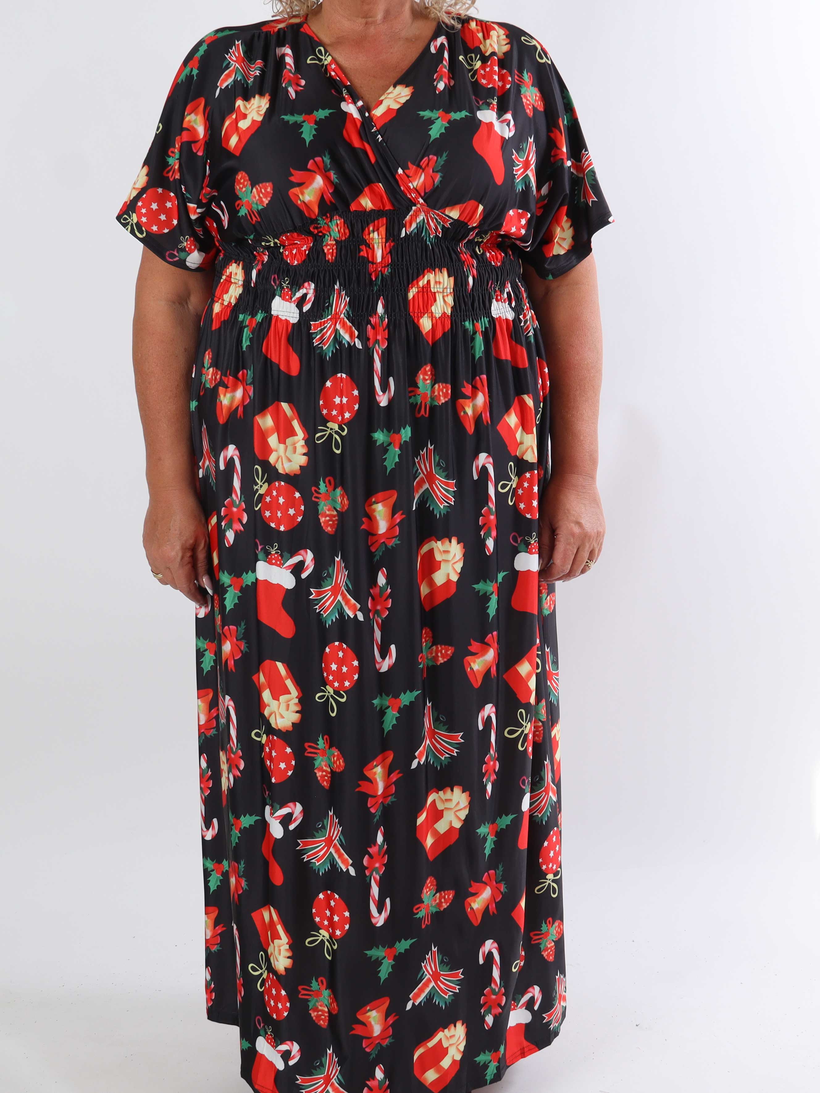 Pams Holiday - Lång stretchig plus size-klänning med julmotiv