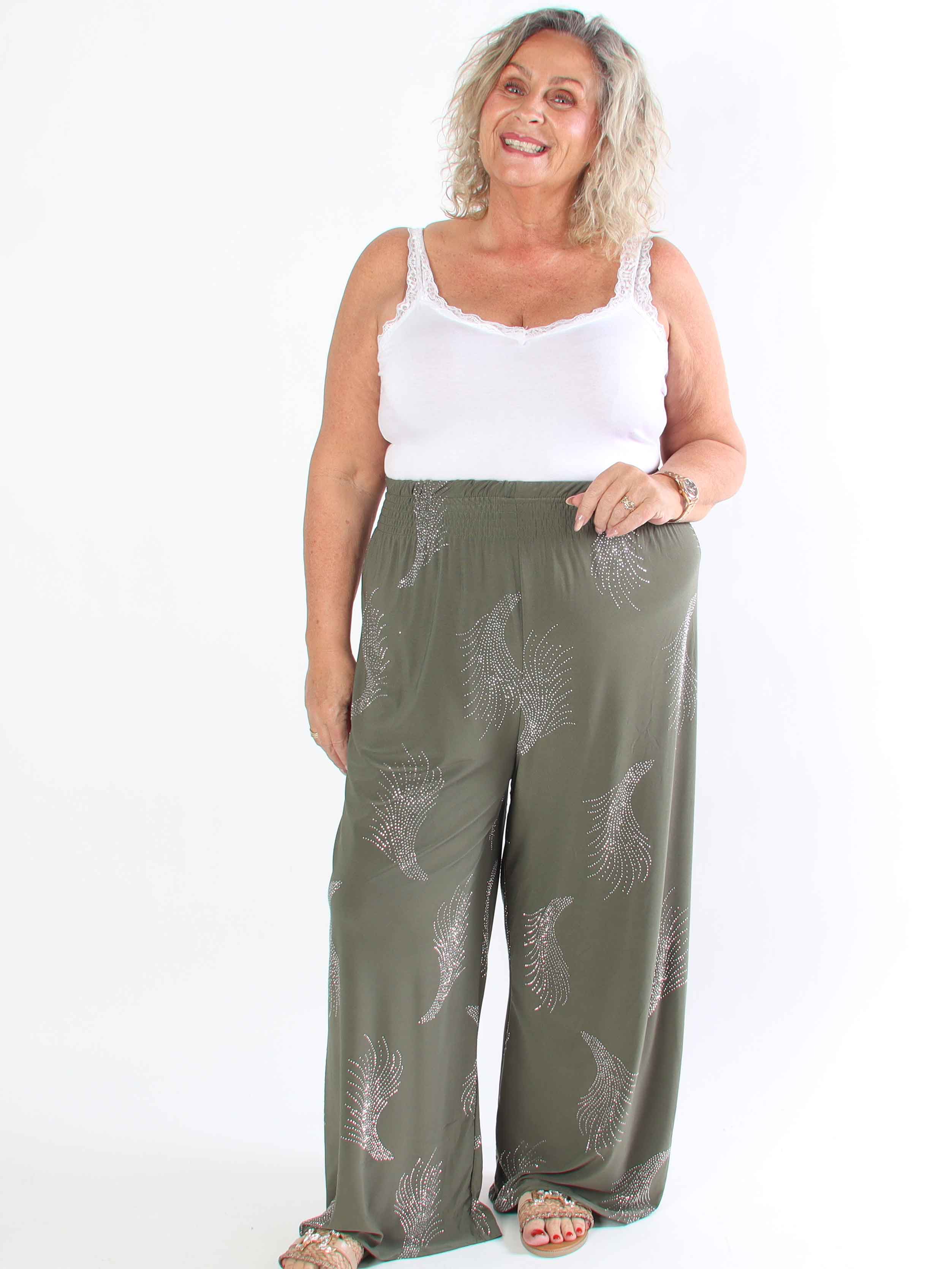 Pams Leaf Crystal Pants - Lösa elastiska byxor med strass