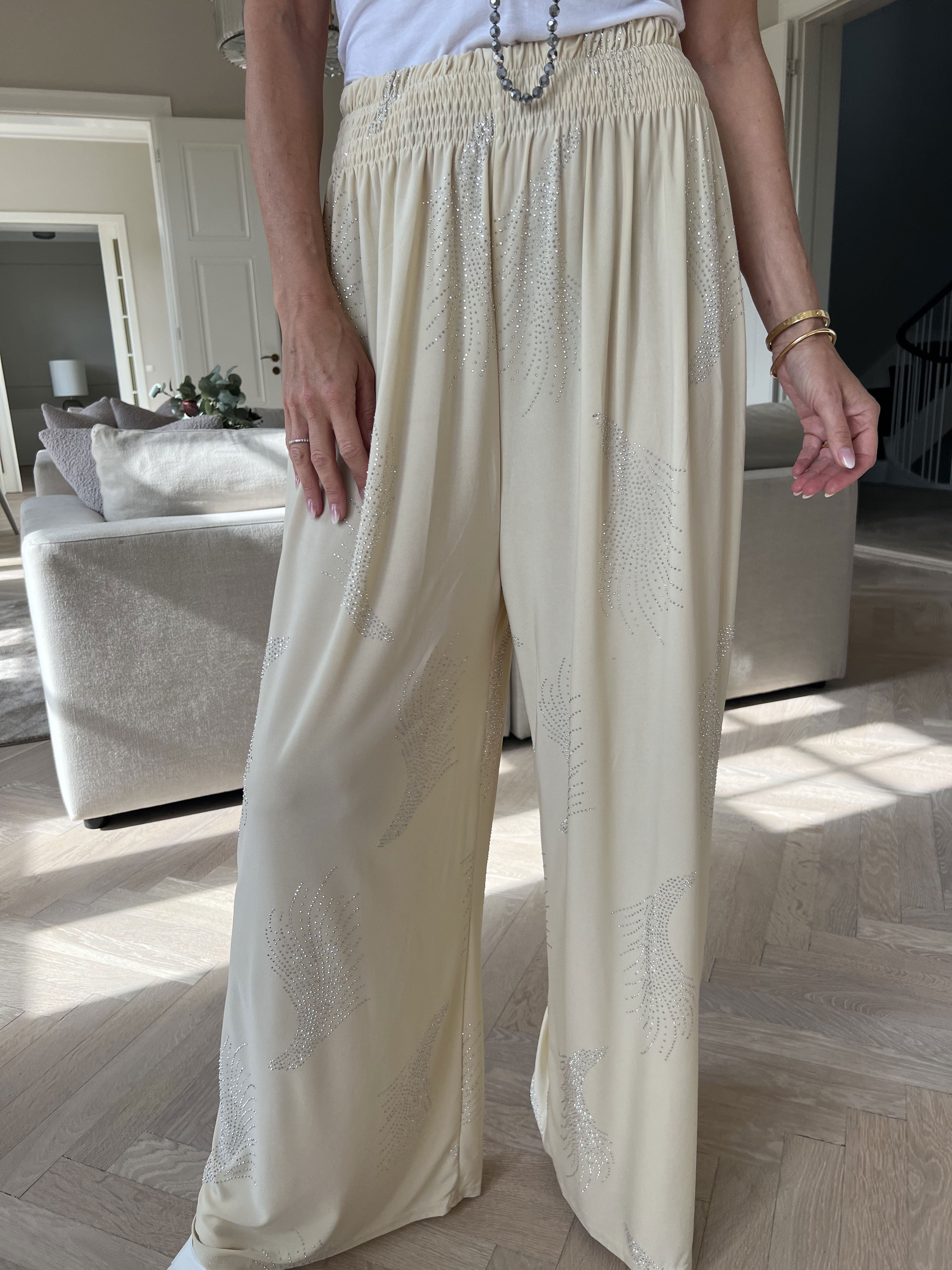 Pams Leaf Crystal Pants - Lösa elastiska byxor med strass