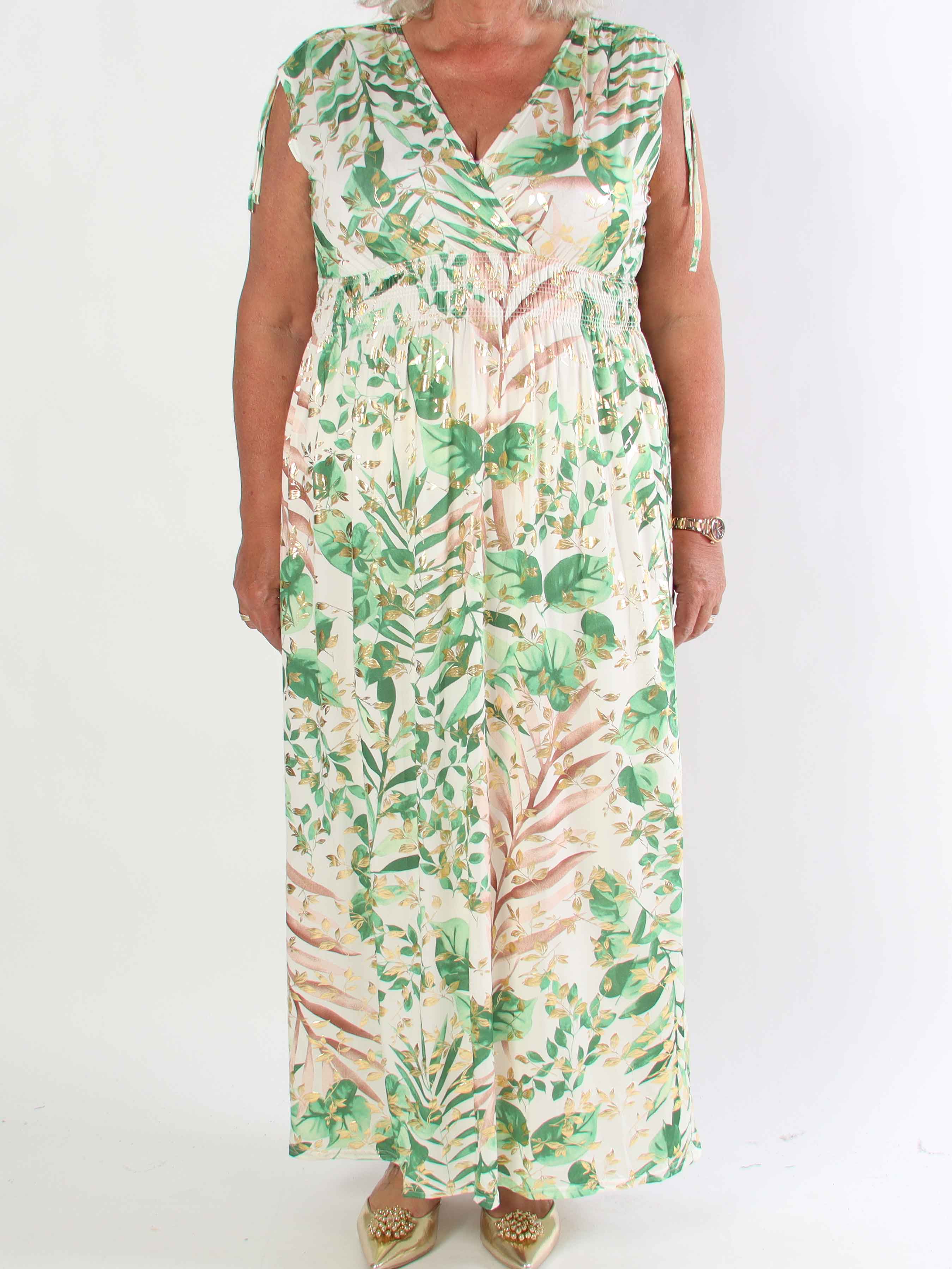Pams Leaf Gold Sleeveless - Lång elastisk plus size klänning med sött bladmönster