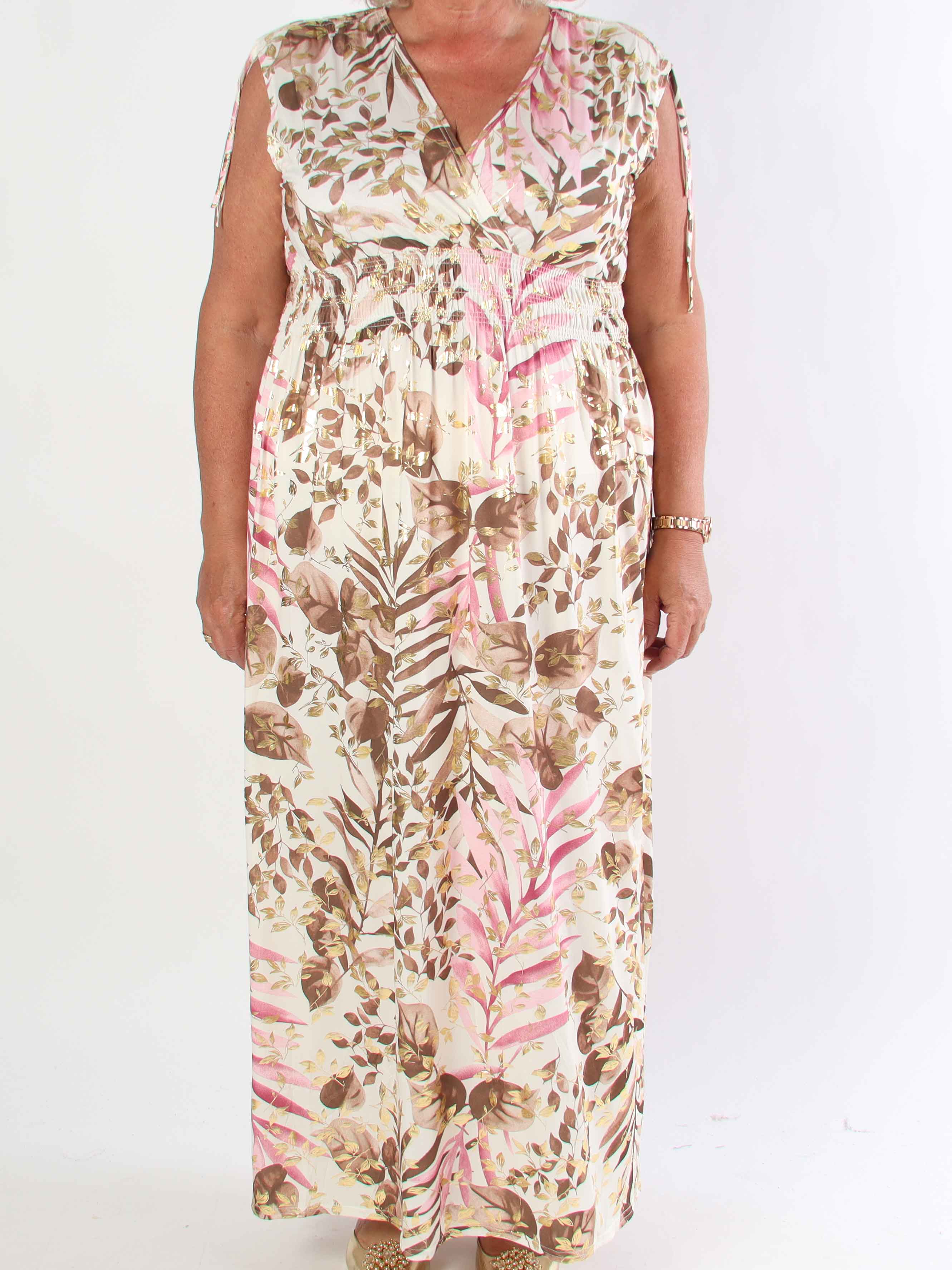 Pams Leaf Gold Sleeveless - Lång elastisk plus size klänning med sött bladmönster