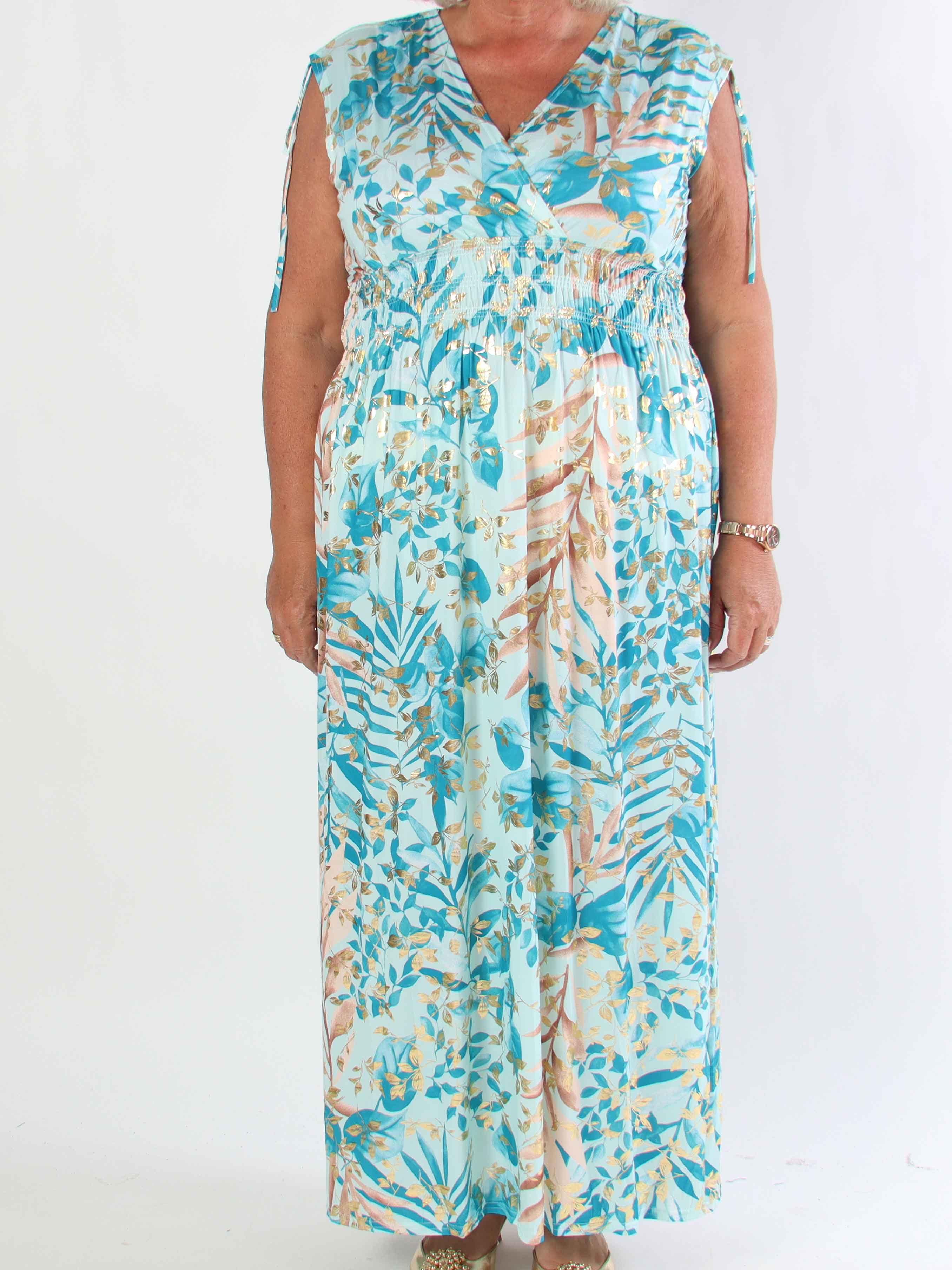 Pams Leaf Gold Sleeveless - Lång elastisk plus size klänning med sött bladmönster
