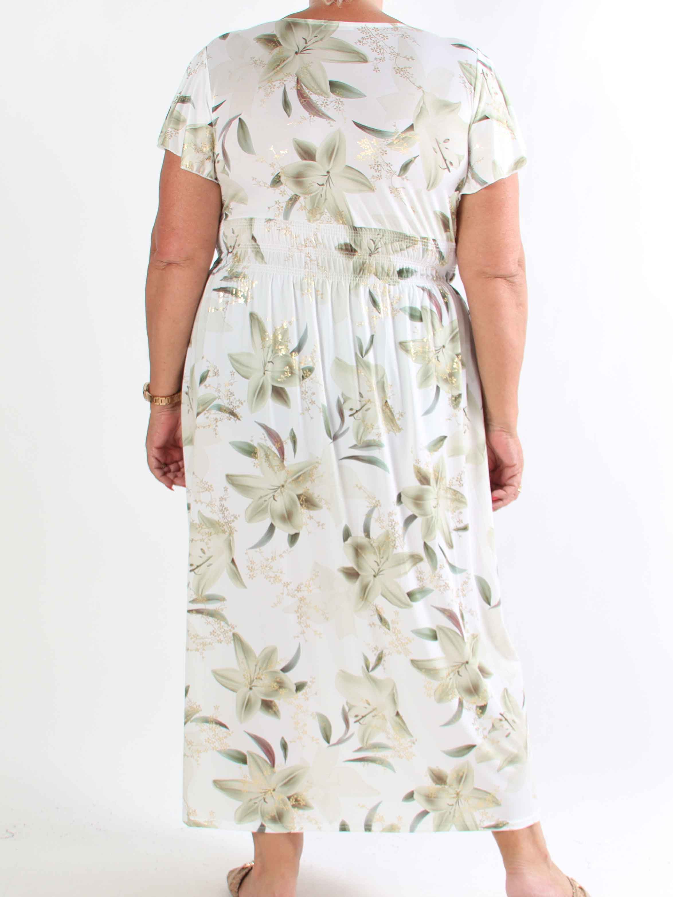 Pams Lilies - Elastisk plus size klänning med liljemönster och gulddetaljer