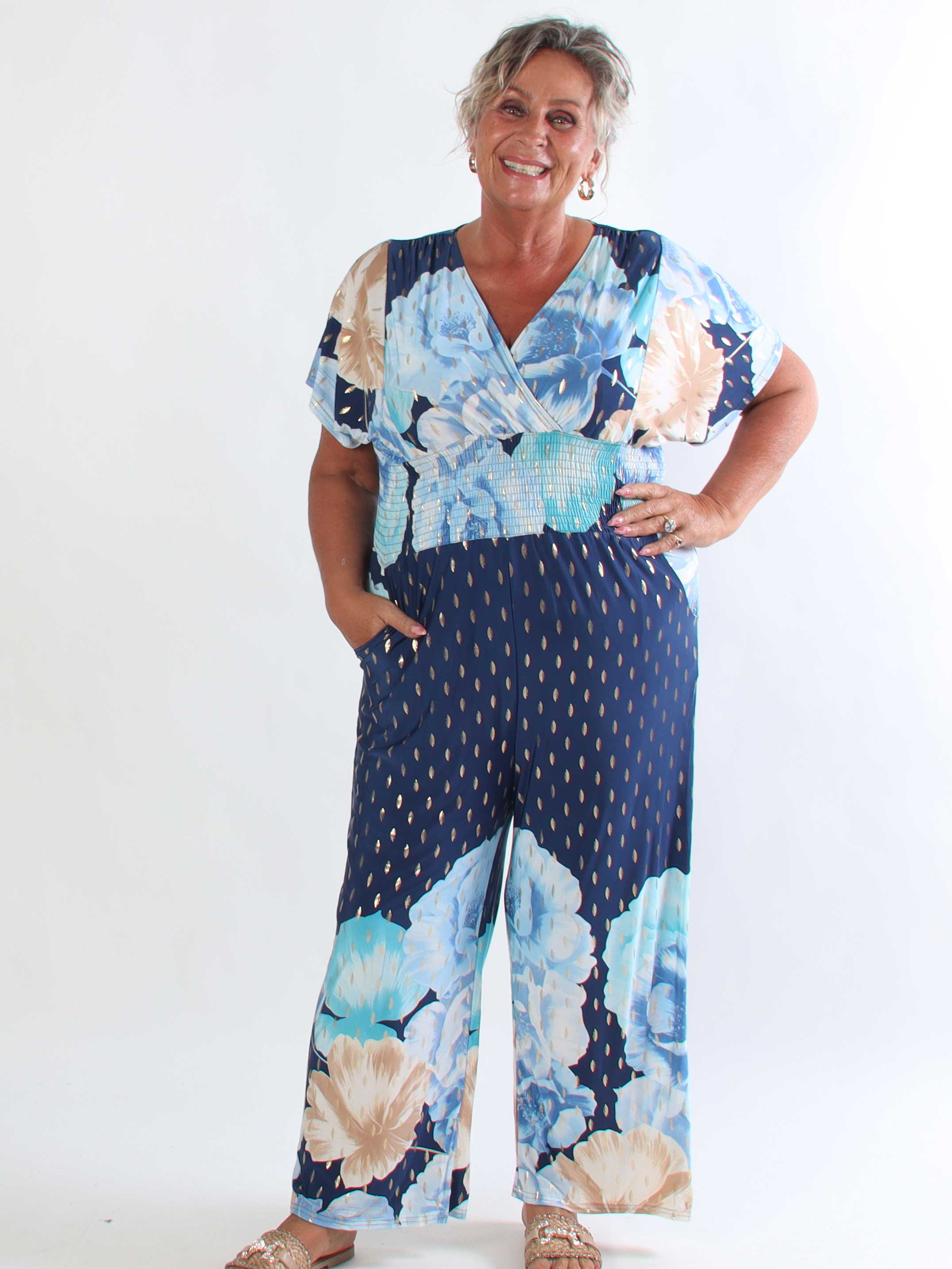 Pams Peony Jumpsuit - Elastisk plus size buksedragt med blomstermotiver