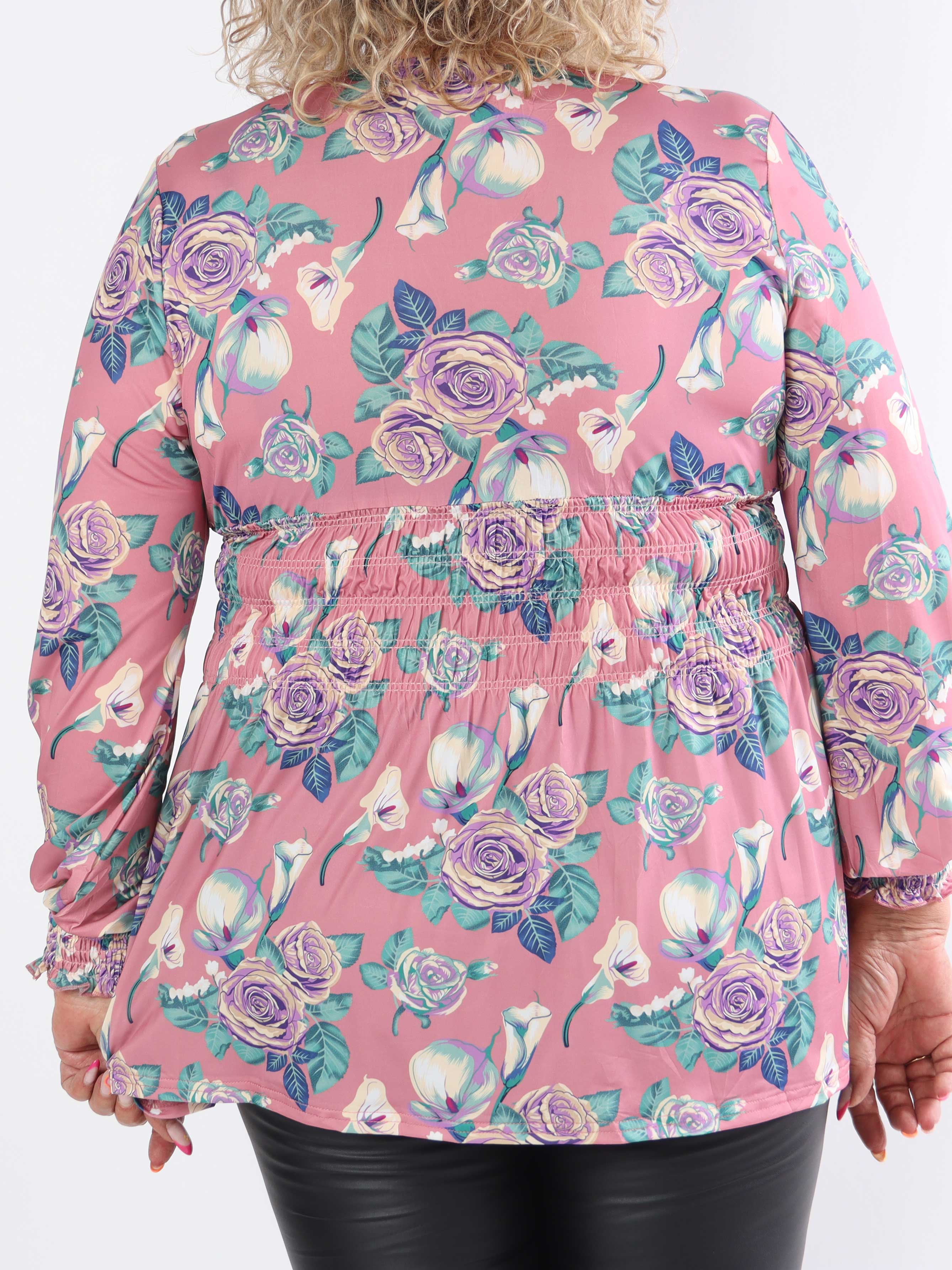 Pams Rose Shirt L/S - Elastisk plus size blus i skrynkelfritt tyg med rosor
