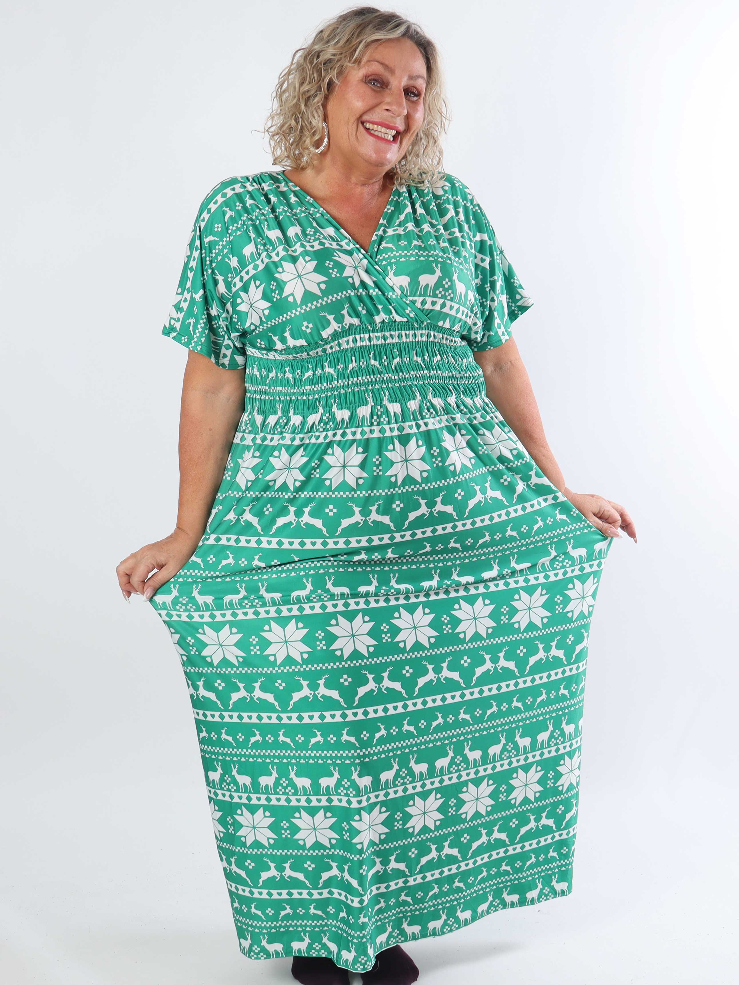 Pams Snow - Lång stretchig plus size-klänning med jultryck