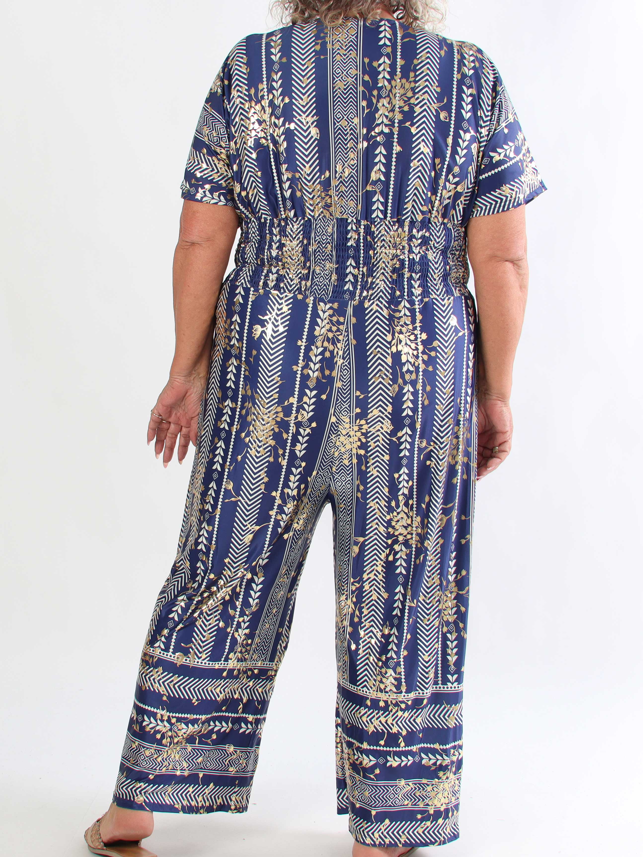 Pams Tribal Jumpsuit - Plus size mønstret buksedragt med små guld blomster