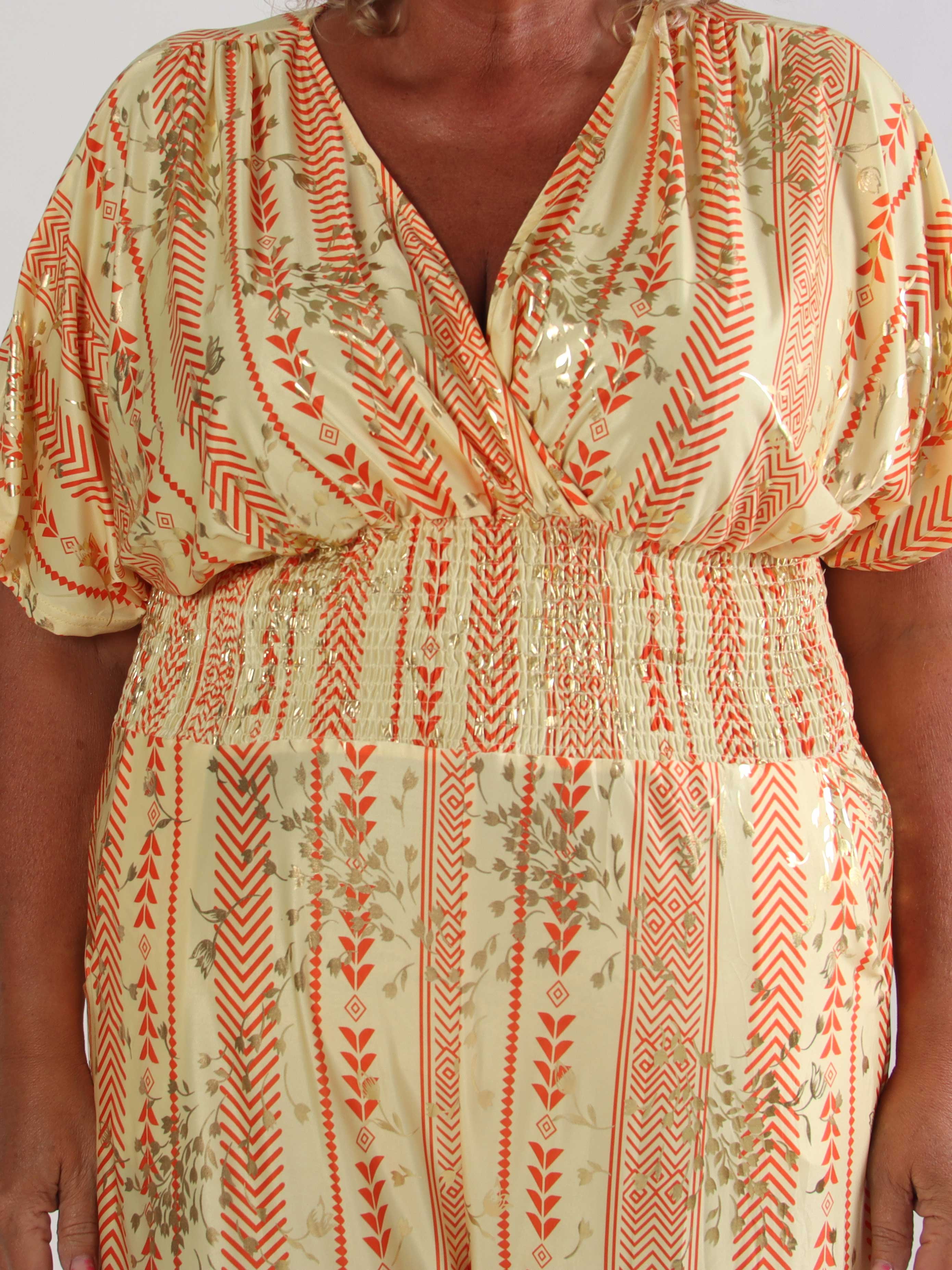 Pams Tribal Jumpsuit - Plus size mønstret buksedragt med små guld blomster
