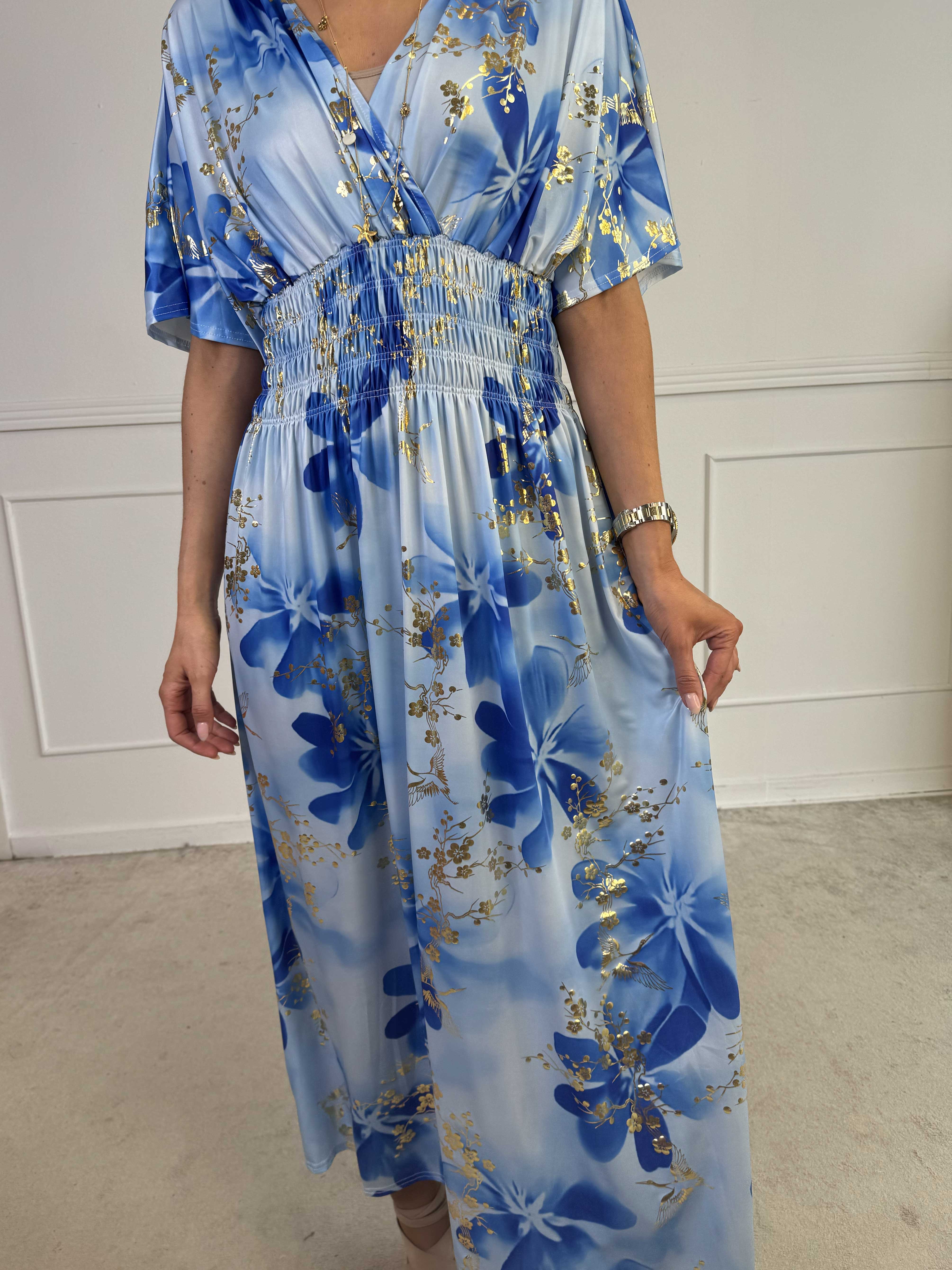 Pams Fleur - Lang elastisk kjole med smock og japansk inspireret gulddetaljer