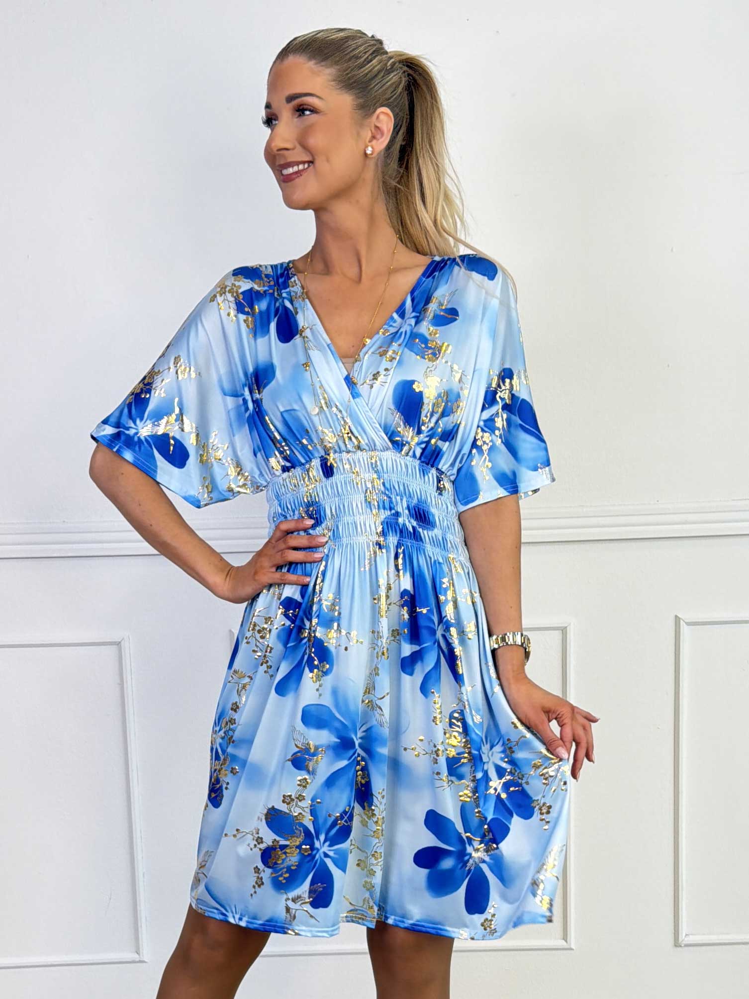 Pams Fleur Short - Elastisk kjole med smock og japansk inspireret gulddetaljer