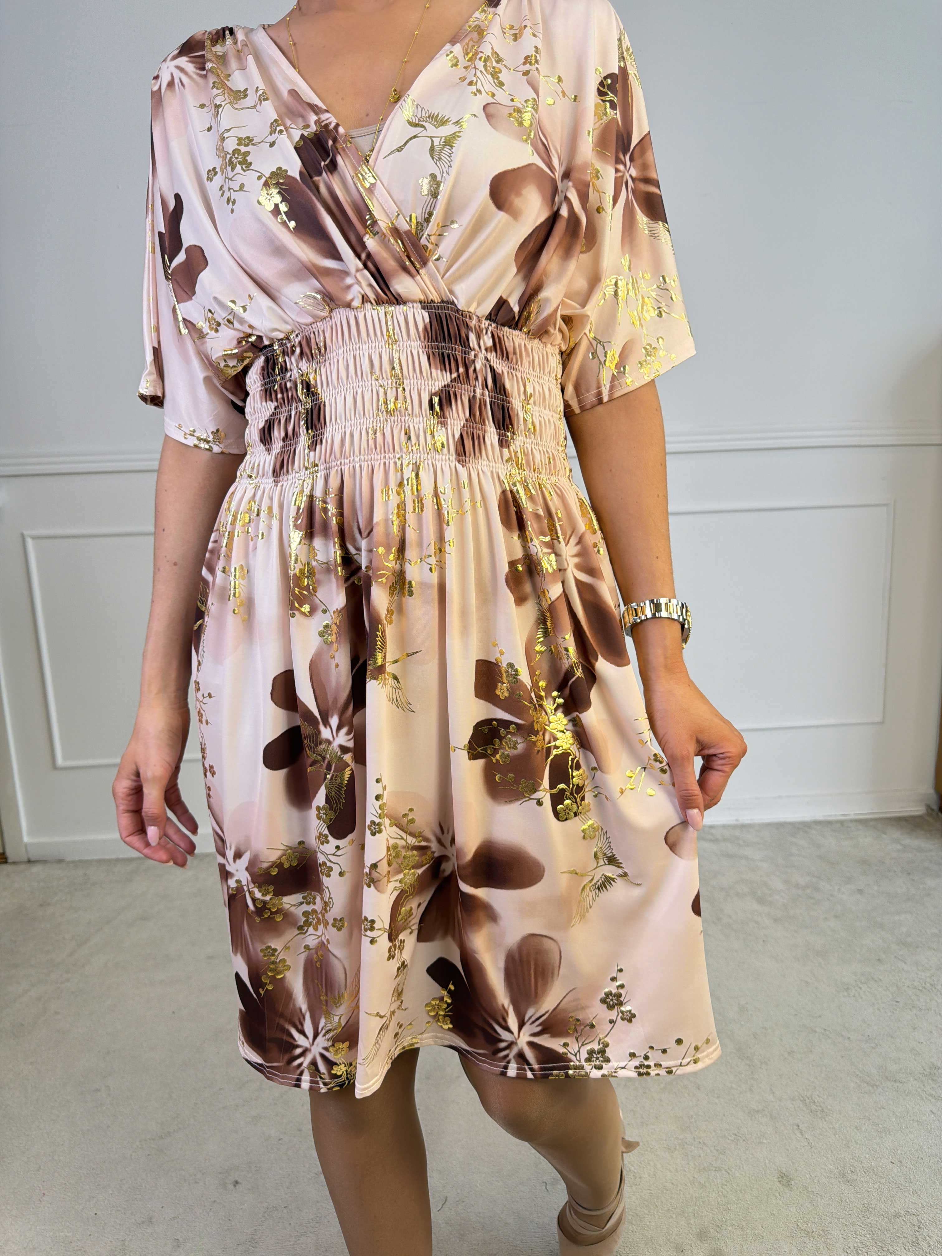 Pams Fleur Short - Elastisk kjole med smock og japansk inspireret gulddetaljer