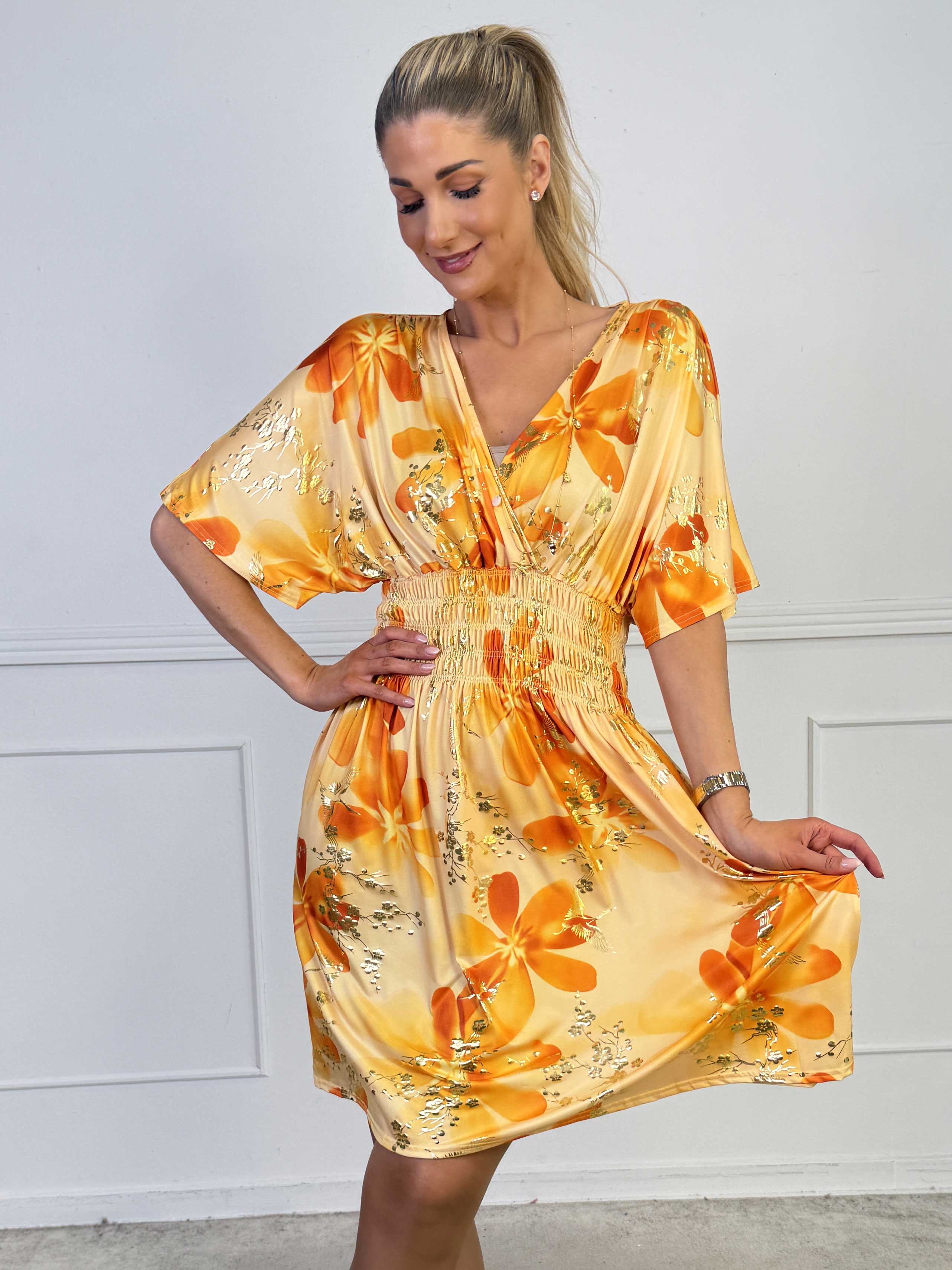 Pams Fleur Short - Elastisk kjole med smock og japansk inspireret gulddetaljer