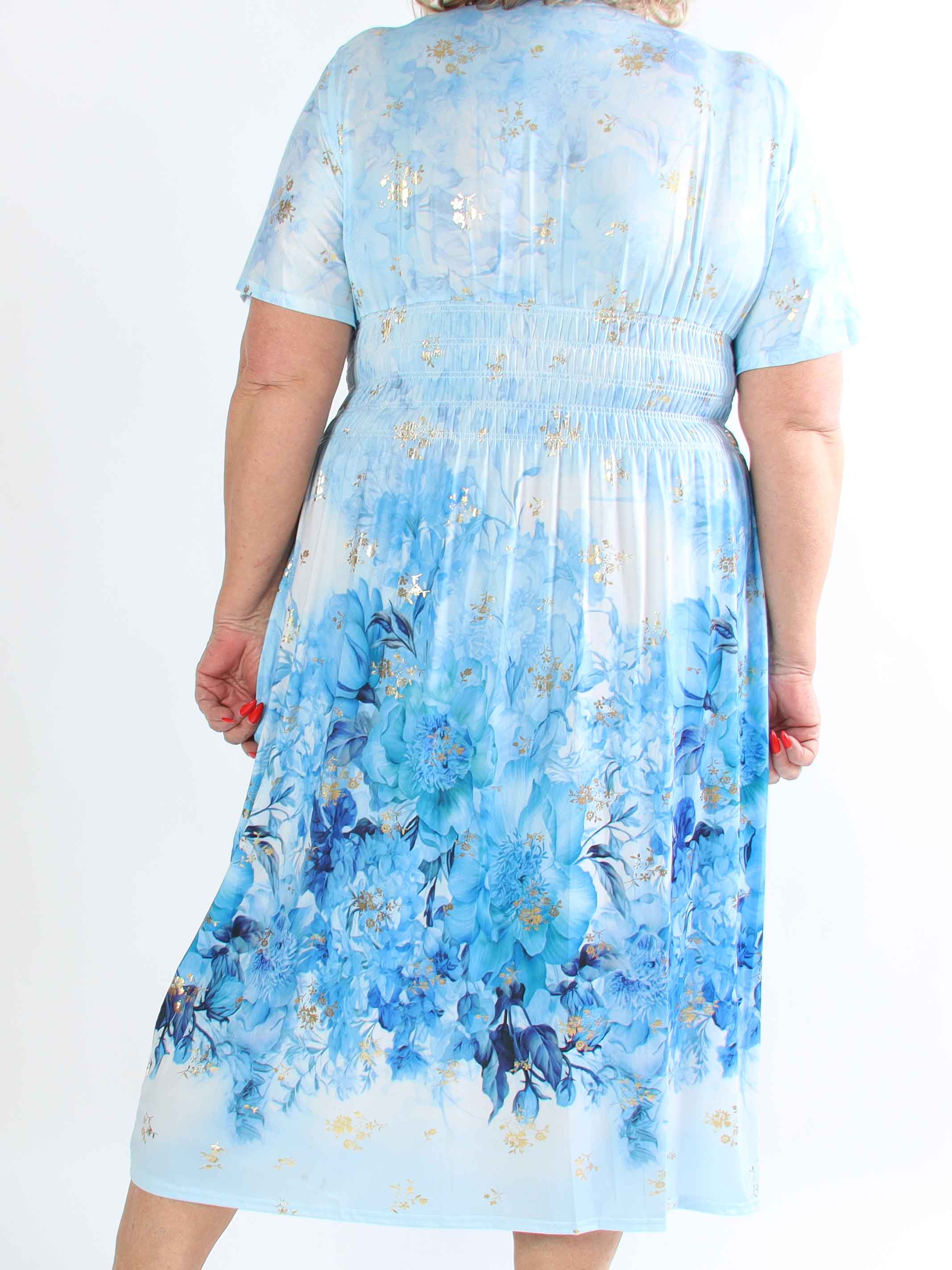 Pams Ethereal Midi - Plus size kjole med blomster motiver og guld detaljer
