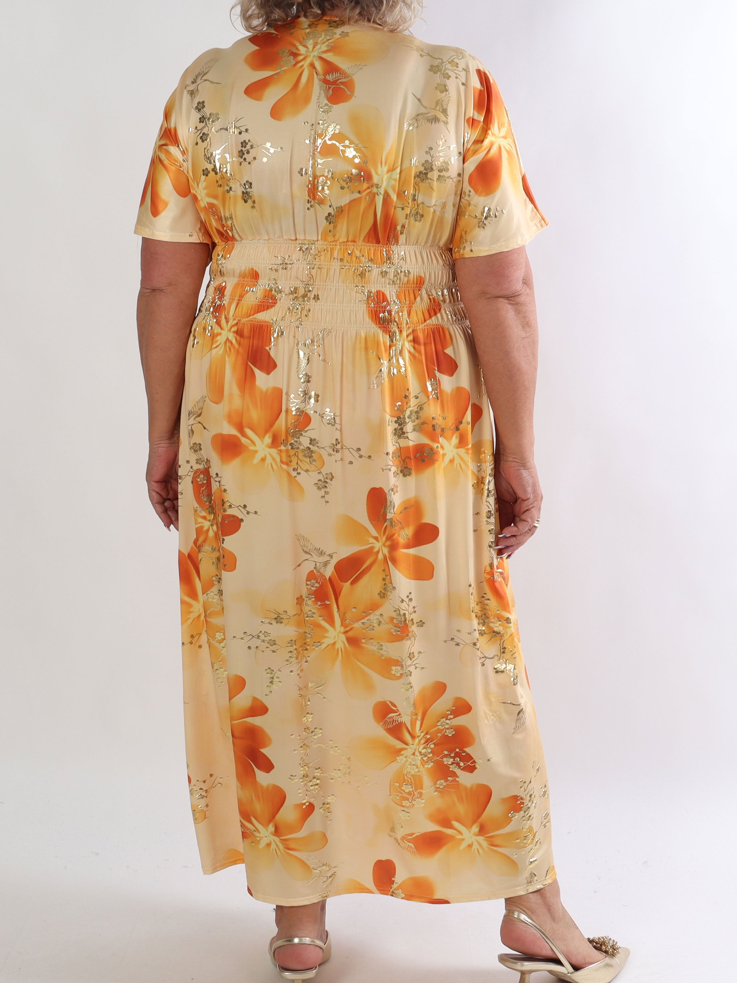 Pams Fleur - Plus size elastisk kjole med smock og japansk inspireret gulddetaljer