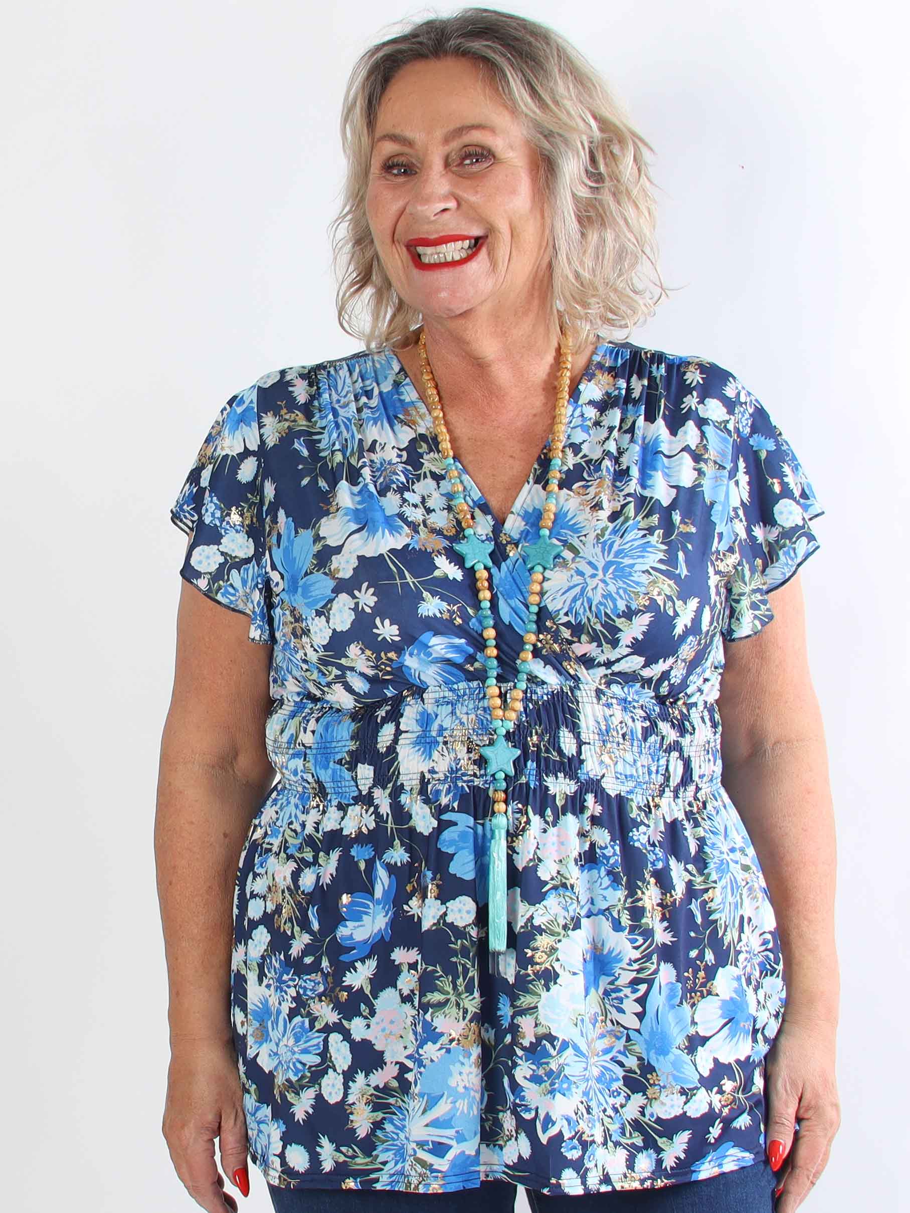 Pams Flower Shirt - Plus size bluse med fine blomster og guld detaljer