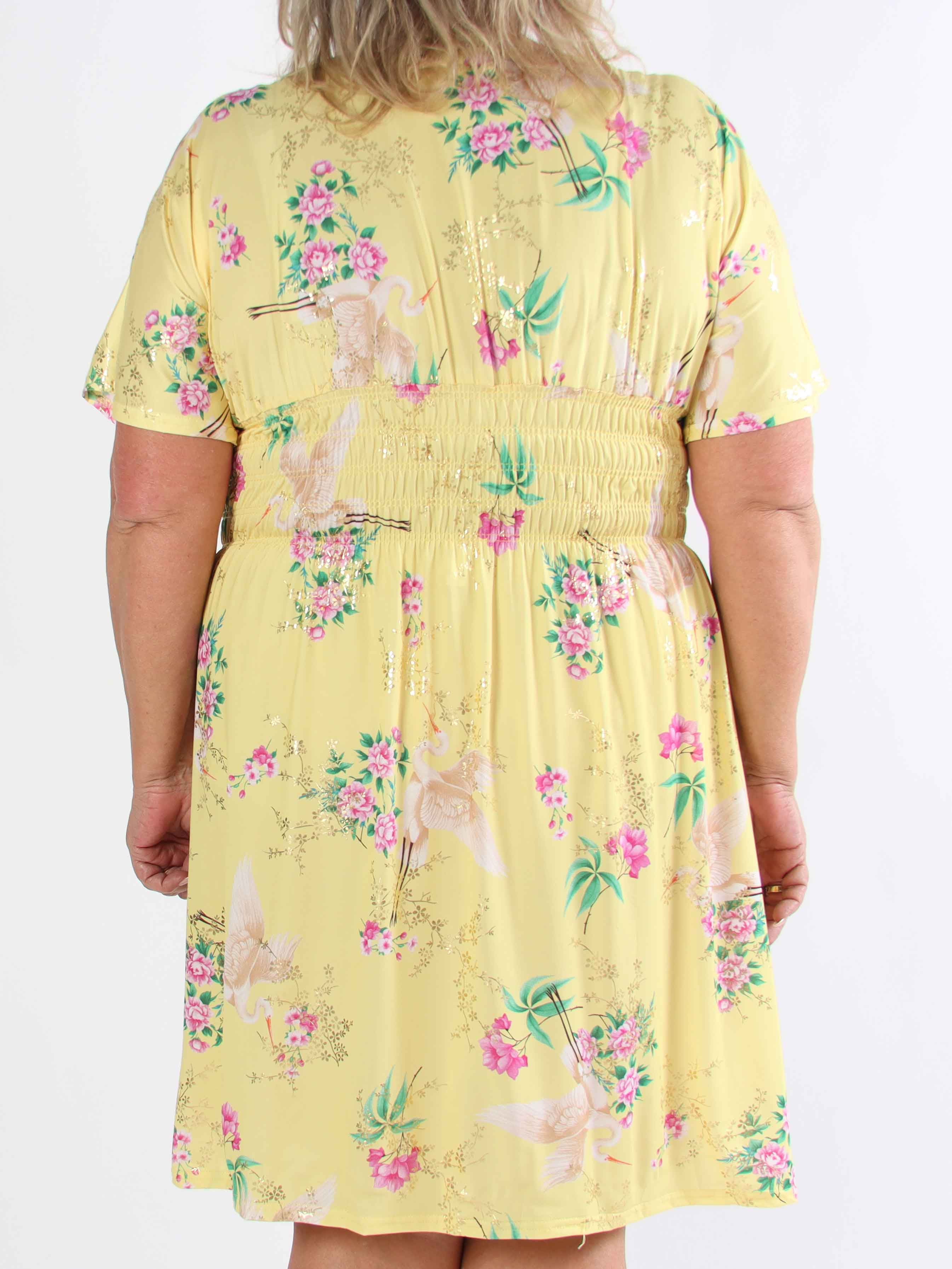 Pams Fly Short - Elastisk plus size-klänning med blommor och fåglar