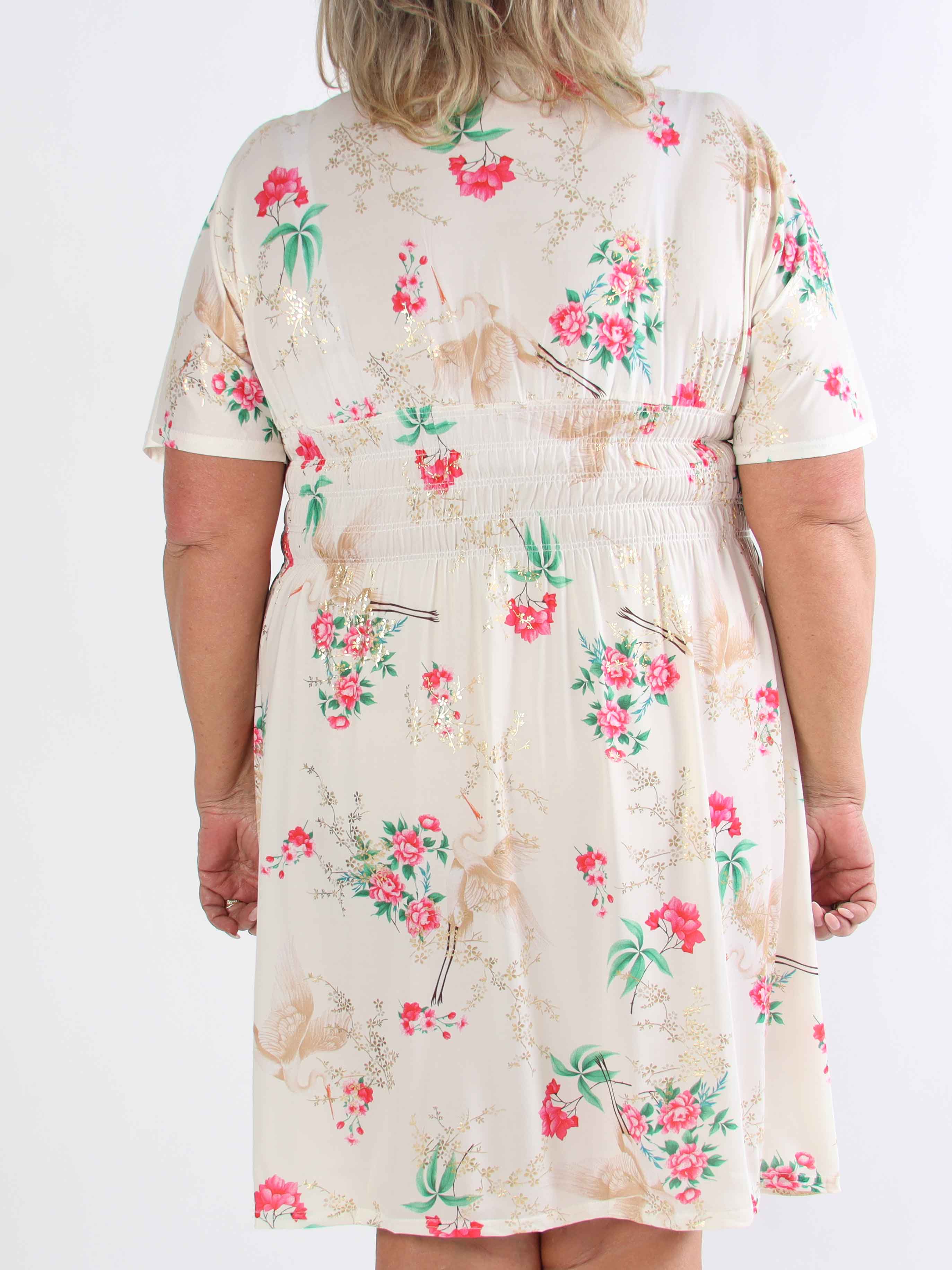 Pams Fly Short - Elastisk plus size-klänning med blommor och fåglar