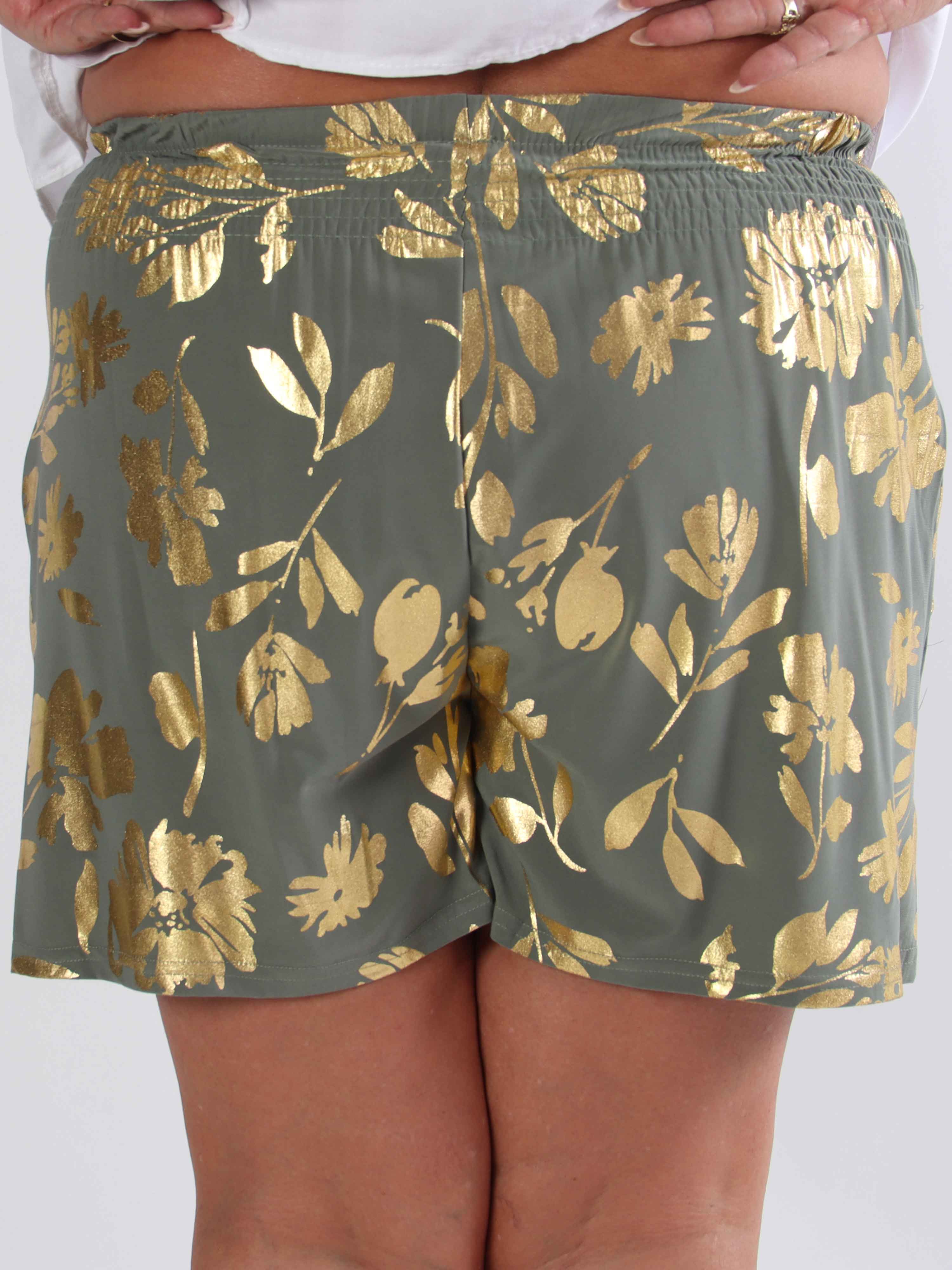 Pams Gold Flower Shorts - Elastiska shorts i plusstorlek med guldblad