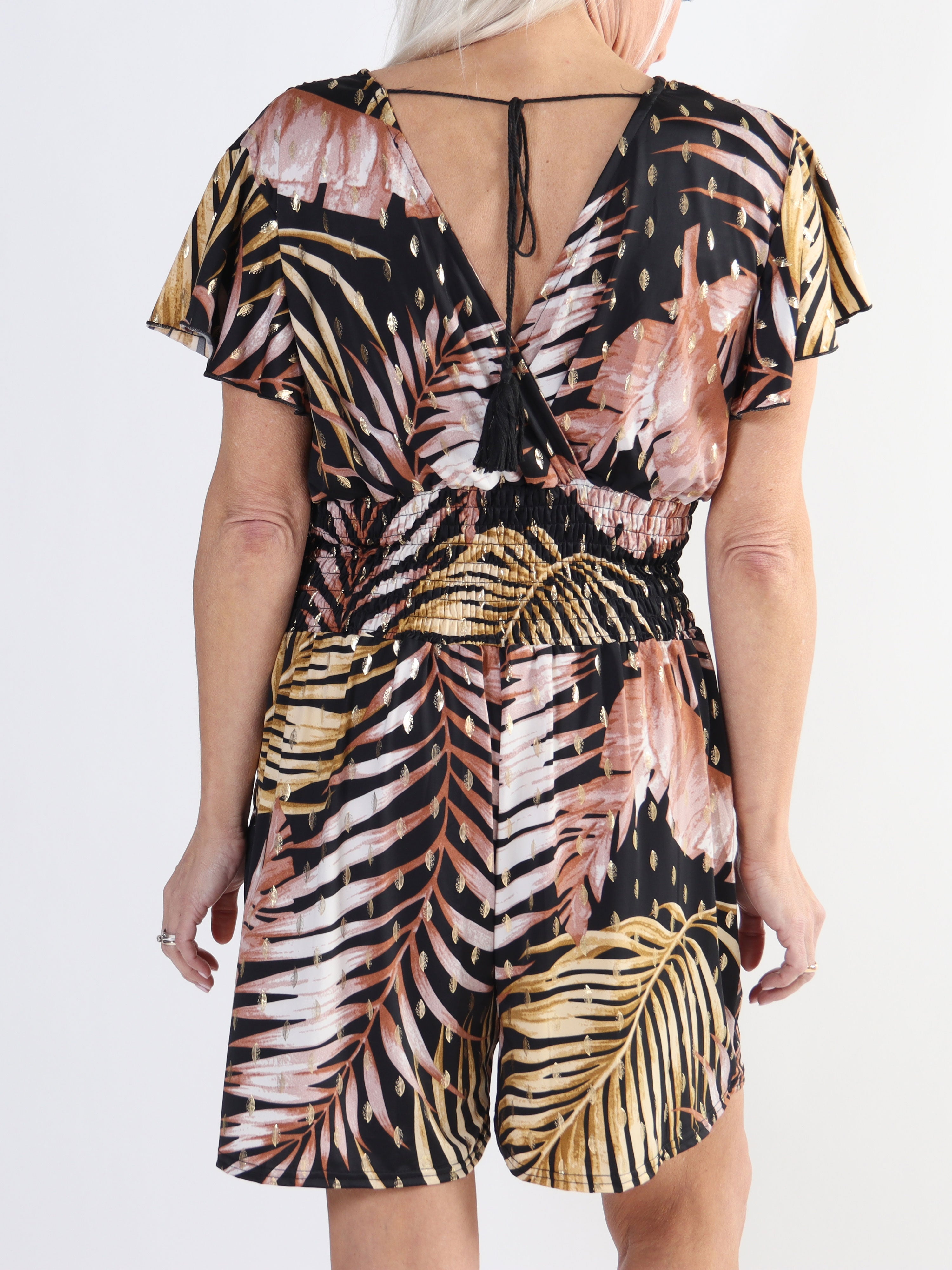 Pams Leaf Playsuit O/B - Mönstrad jumpsuit med resår i stora storlekar