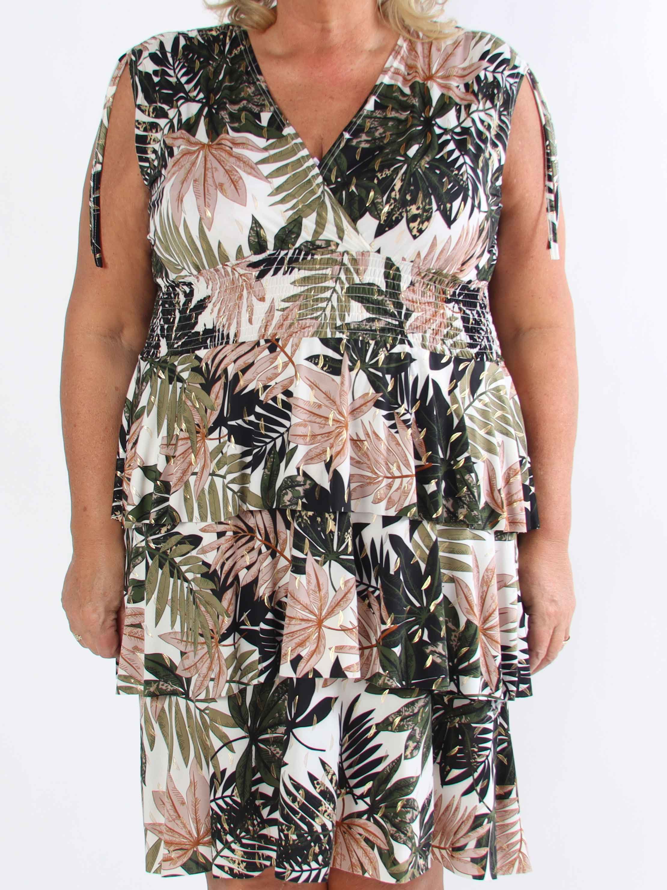 Pams Leaf Frills - Plus size-klänning med bladtryck och volanger