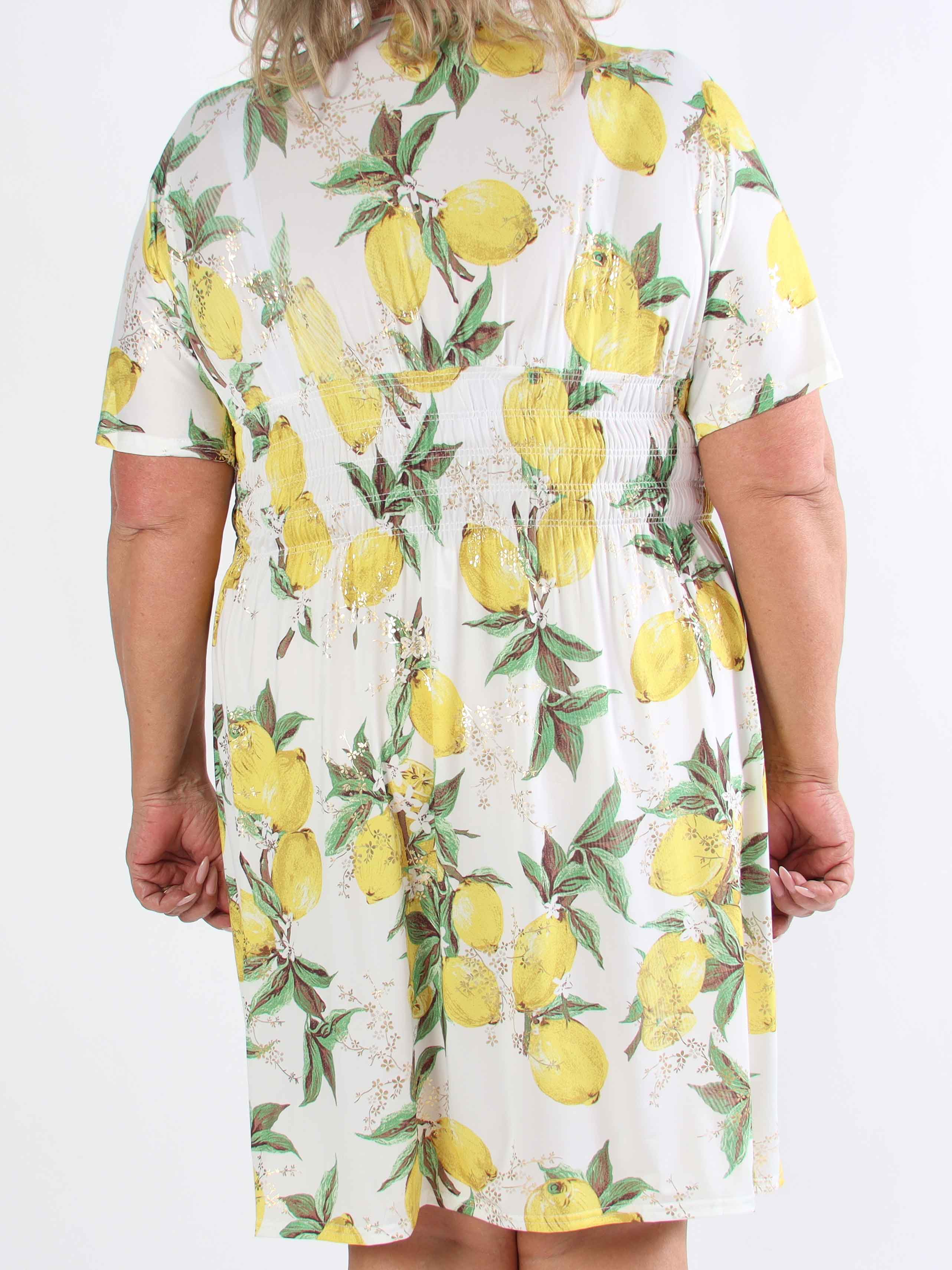 Pams Lemon Short - Plus size-klänning med citroner och gulddetaljer