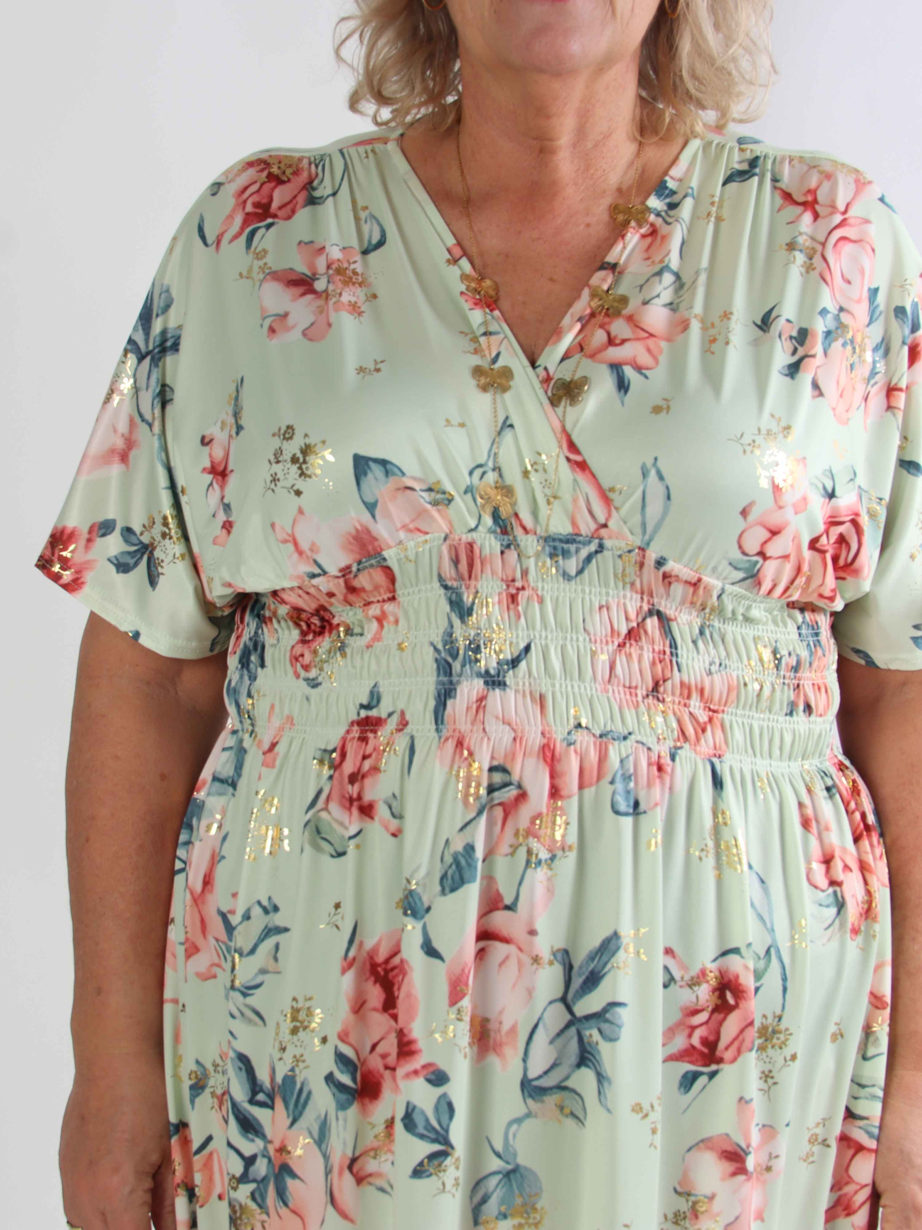 Pams Rosette Short - Plus size kjole med fine blomster og guld detaljer