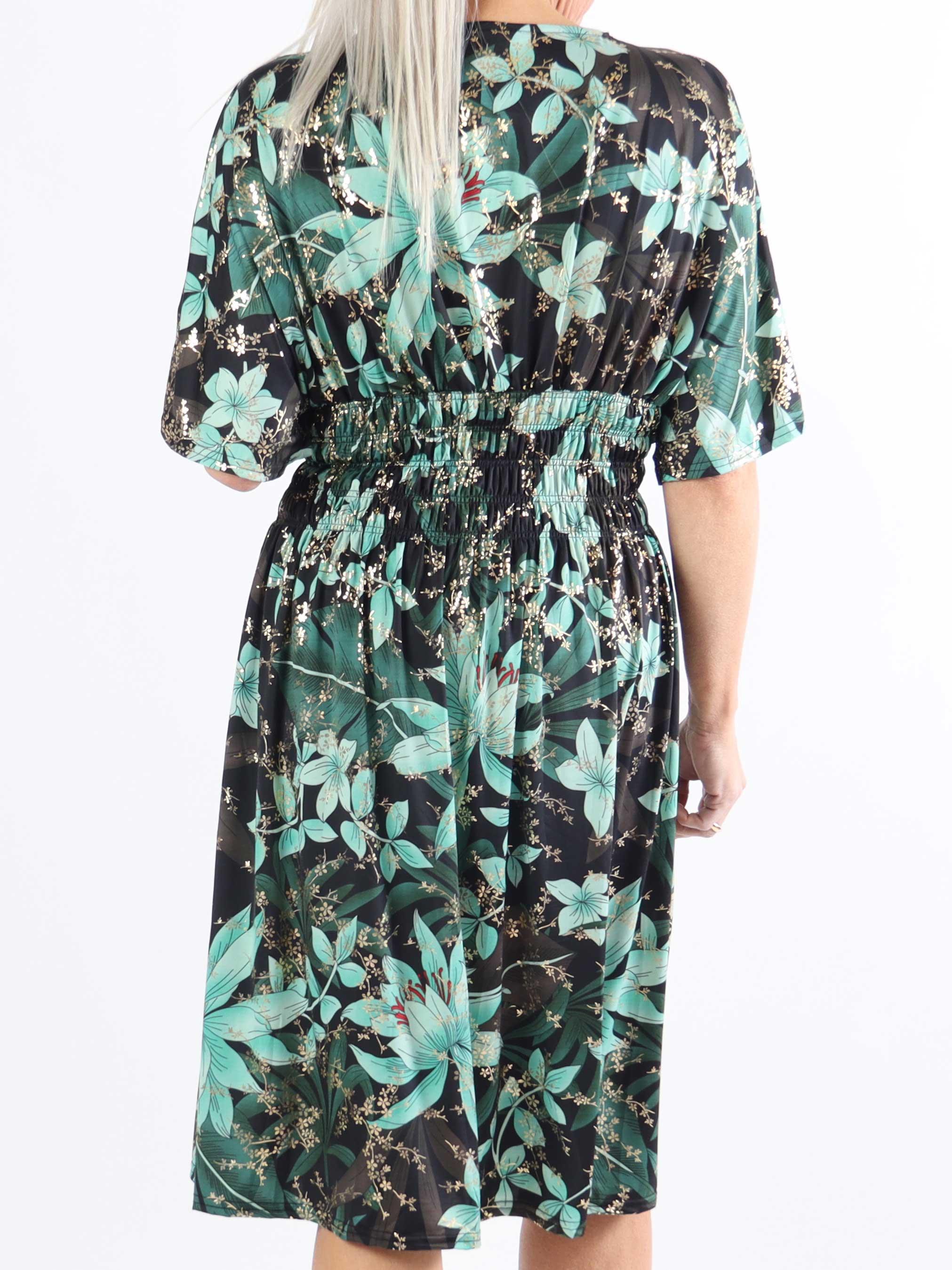 Pams short S/S - Blommig plus size-klänning med resår och smock