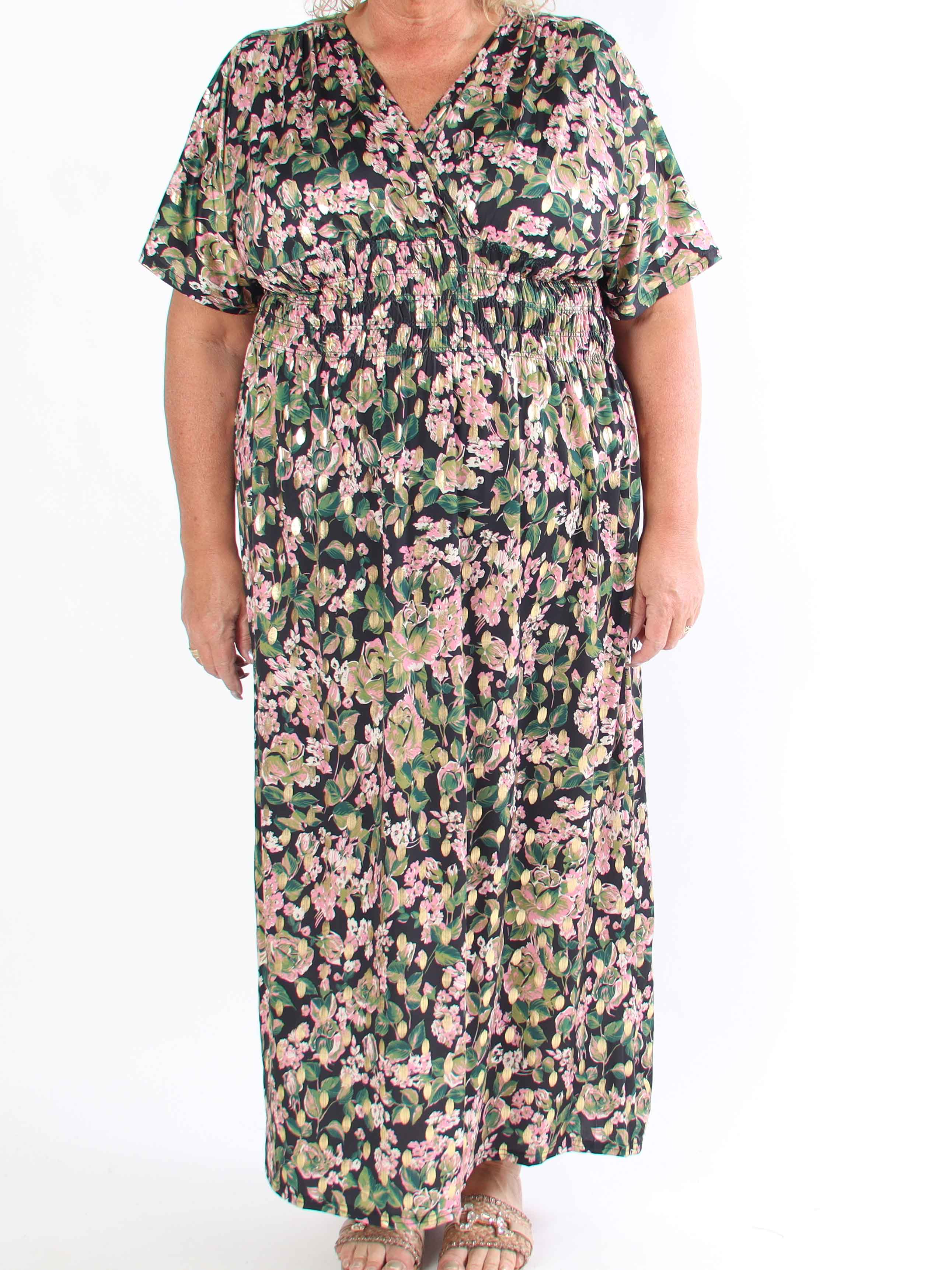 Pams Small Rose - Plus size-klänning med blommigt tryck och gulddetaljer