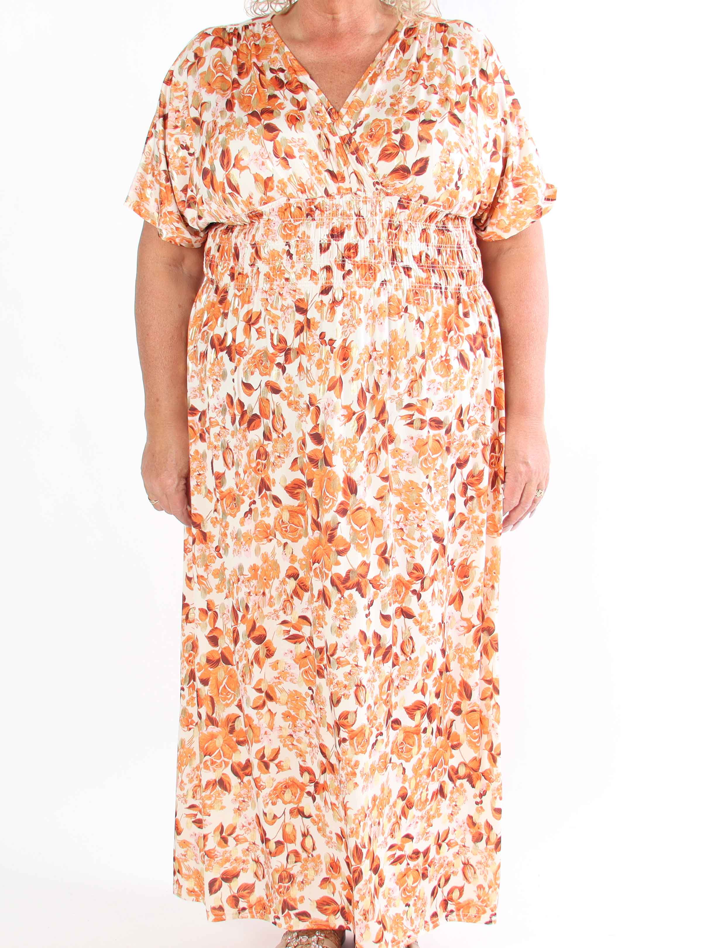 Pams Small Rose - Plus size-klänning med blommigt tryck och gulddetaljer