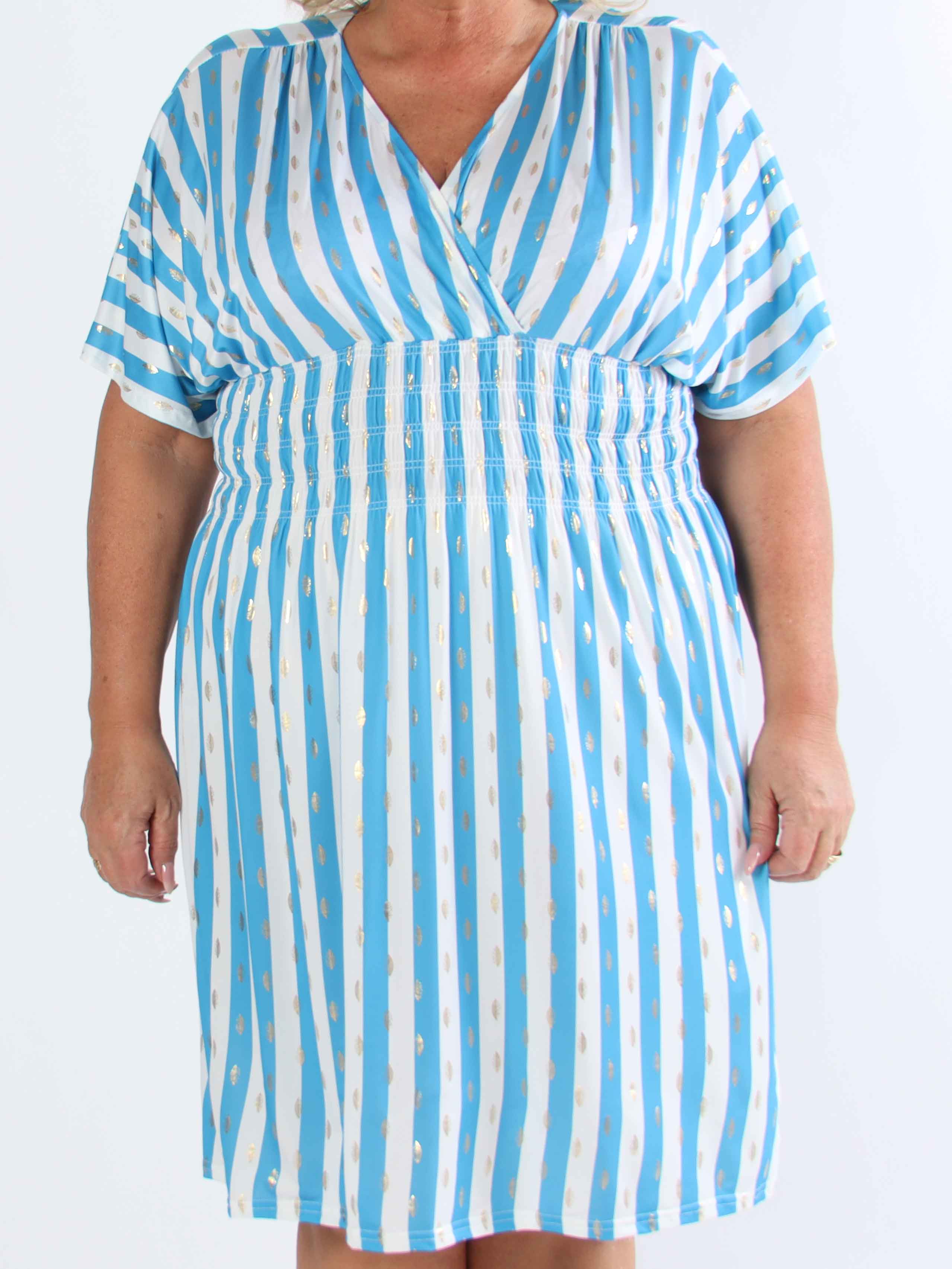 Pams Stripe Short - Randig plus size-klänning med gulddetaljer