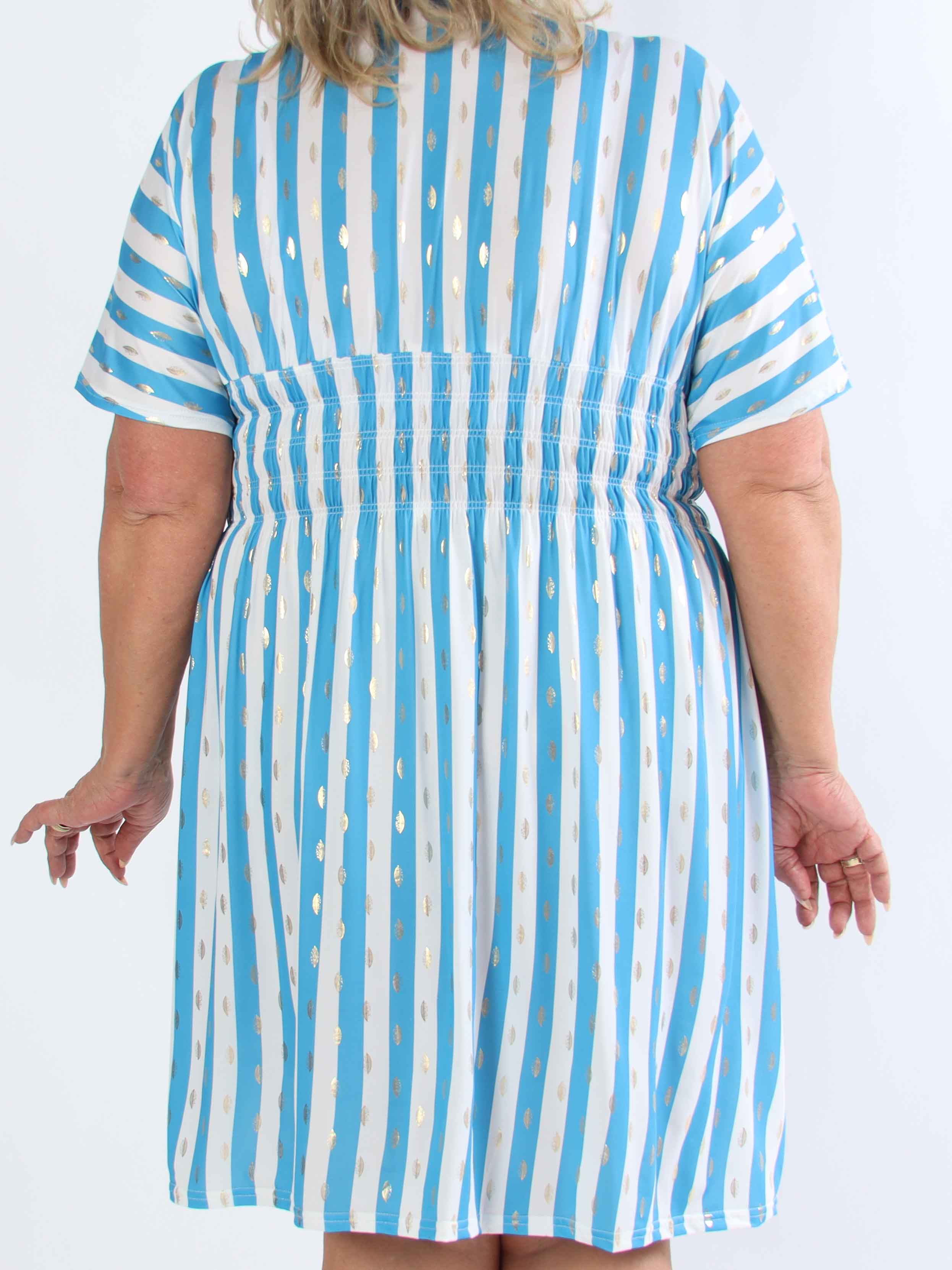 Pams Stripe Short - Randig plus size-klänning med gulddetaljer