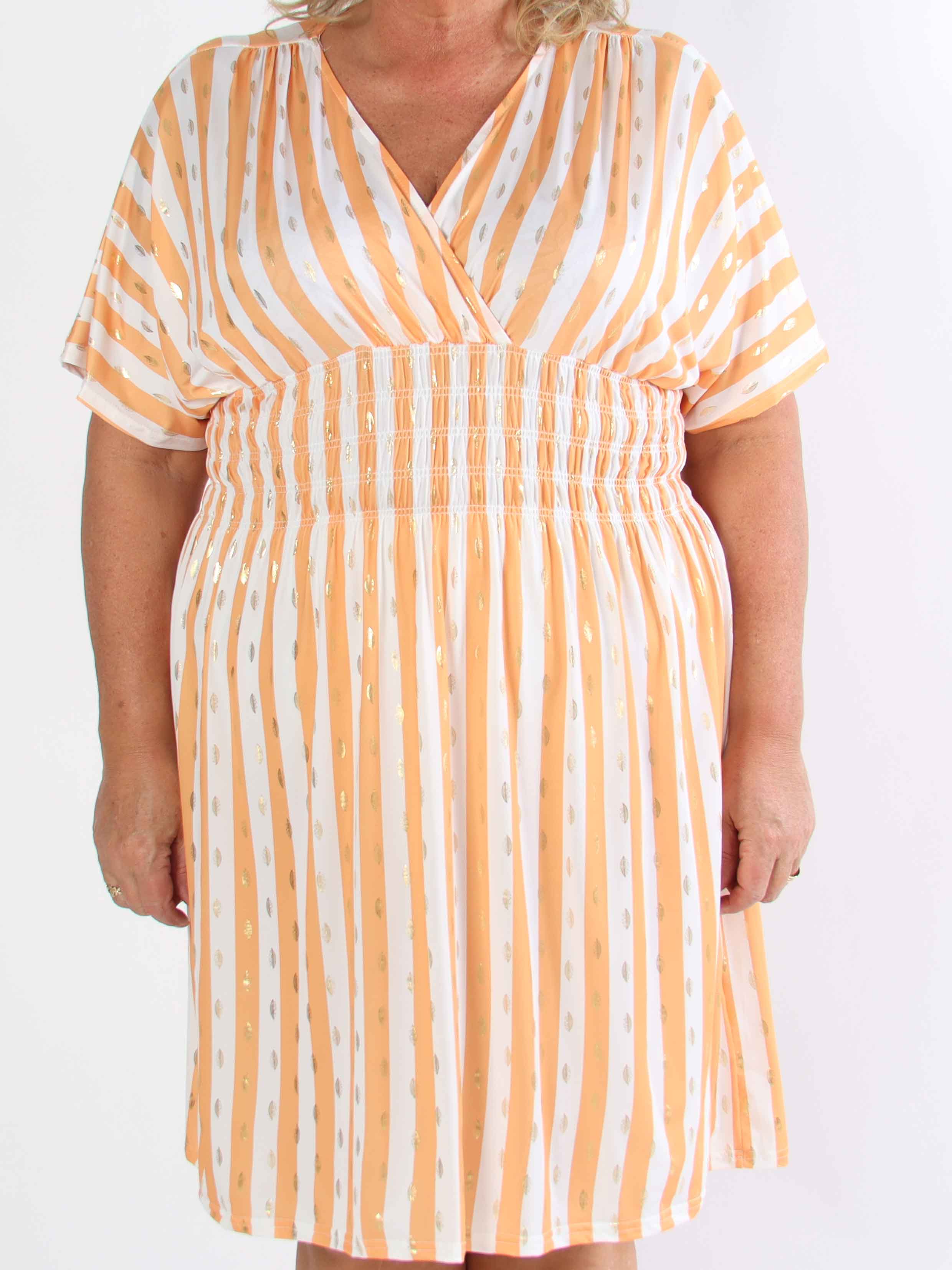 Pams Stripe Short - Randig plus size-klänning med gulddetaljer