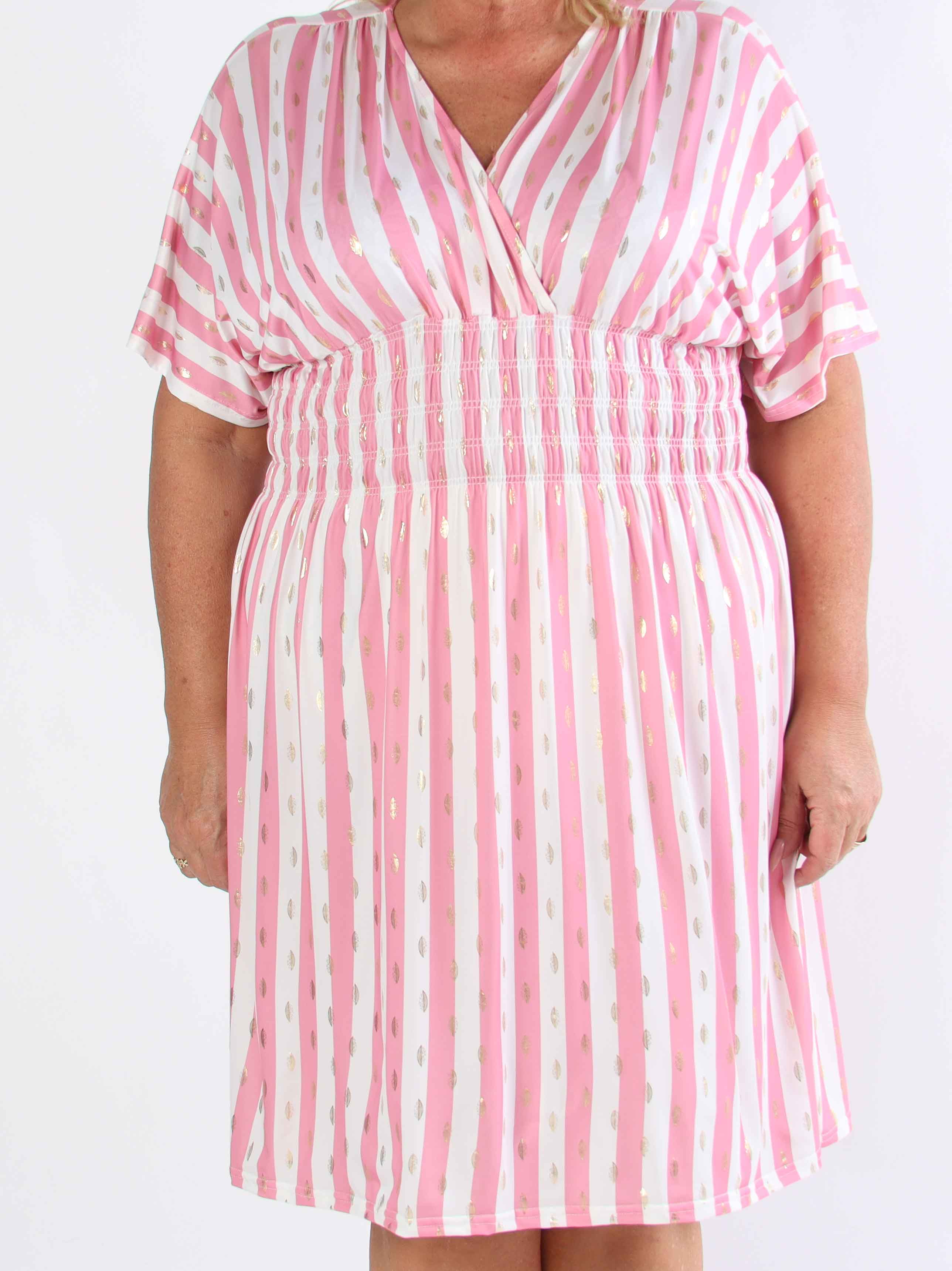 Pams Stripe Short - Randig plus size-klänning med gulddetaljer