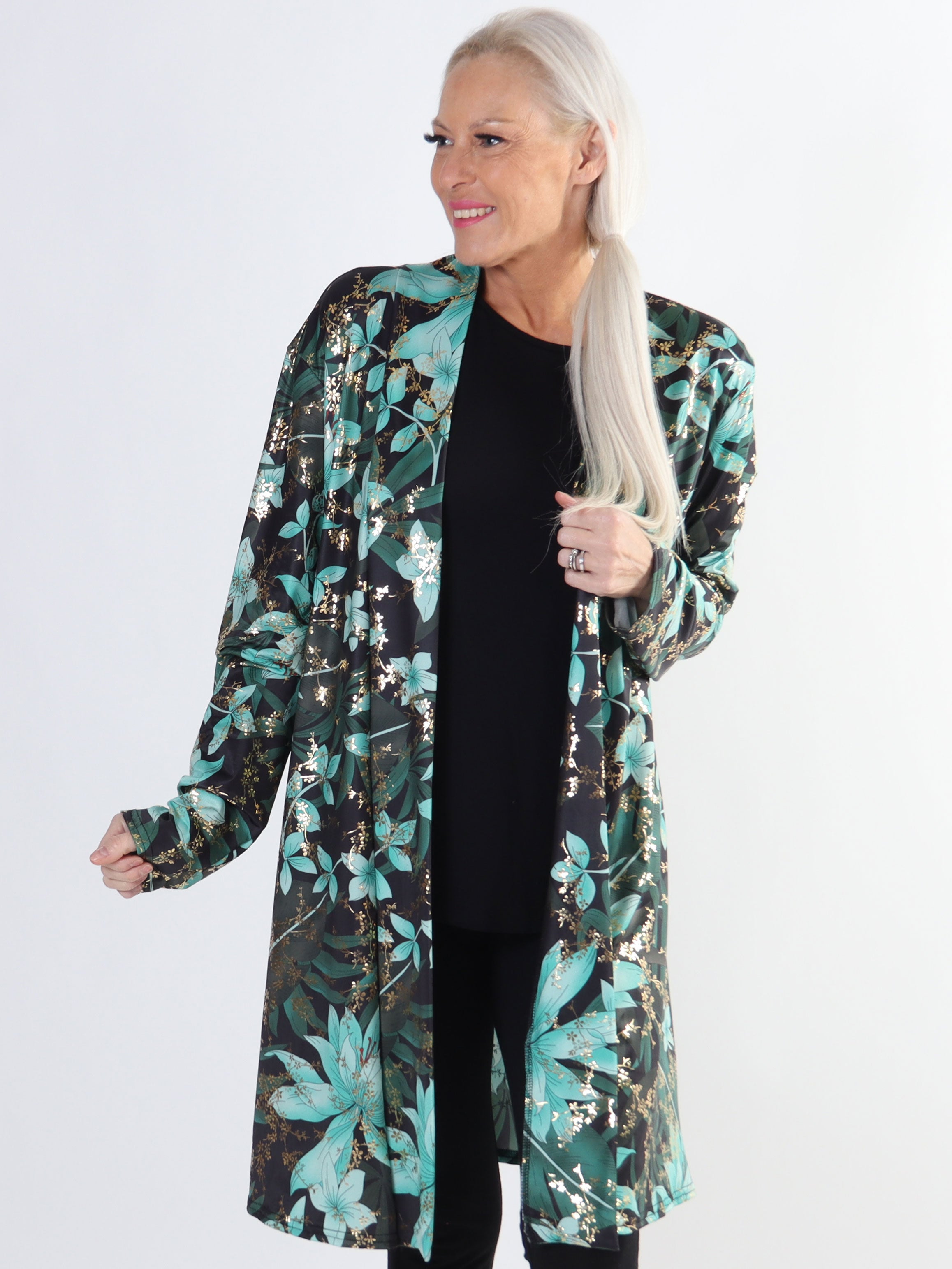 Rosa Gold Flower - Elastisk plus size cardigan med tryck