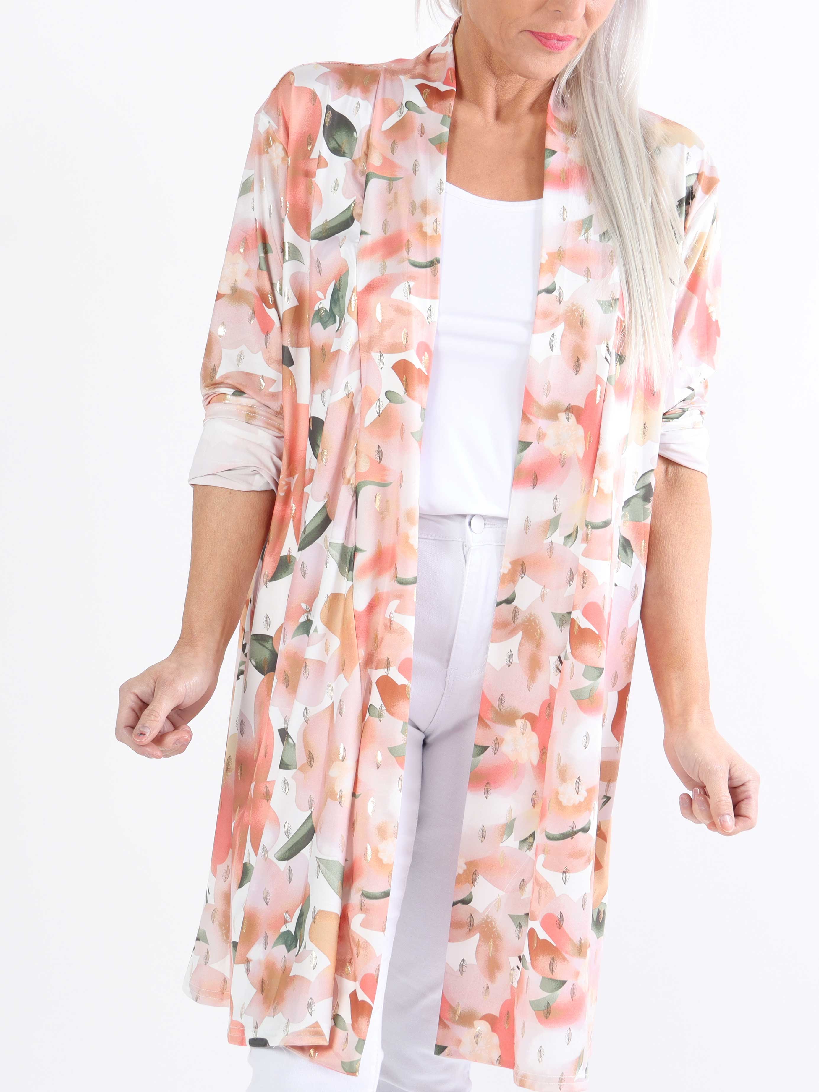 Rosa Sweet Flower - Elastisk kofta i plusstorlek med blommigt tryck