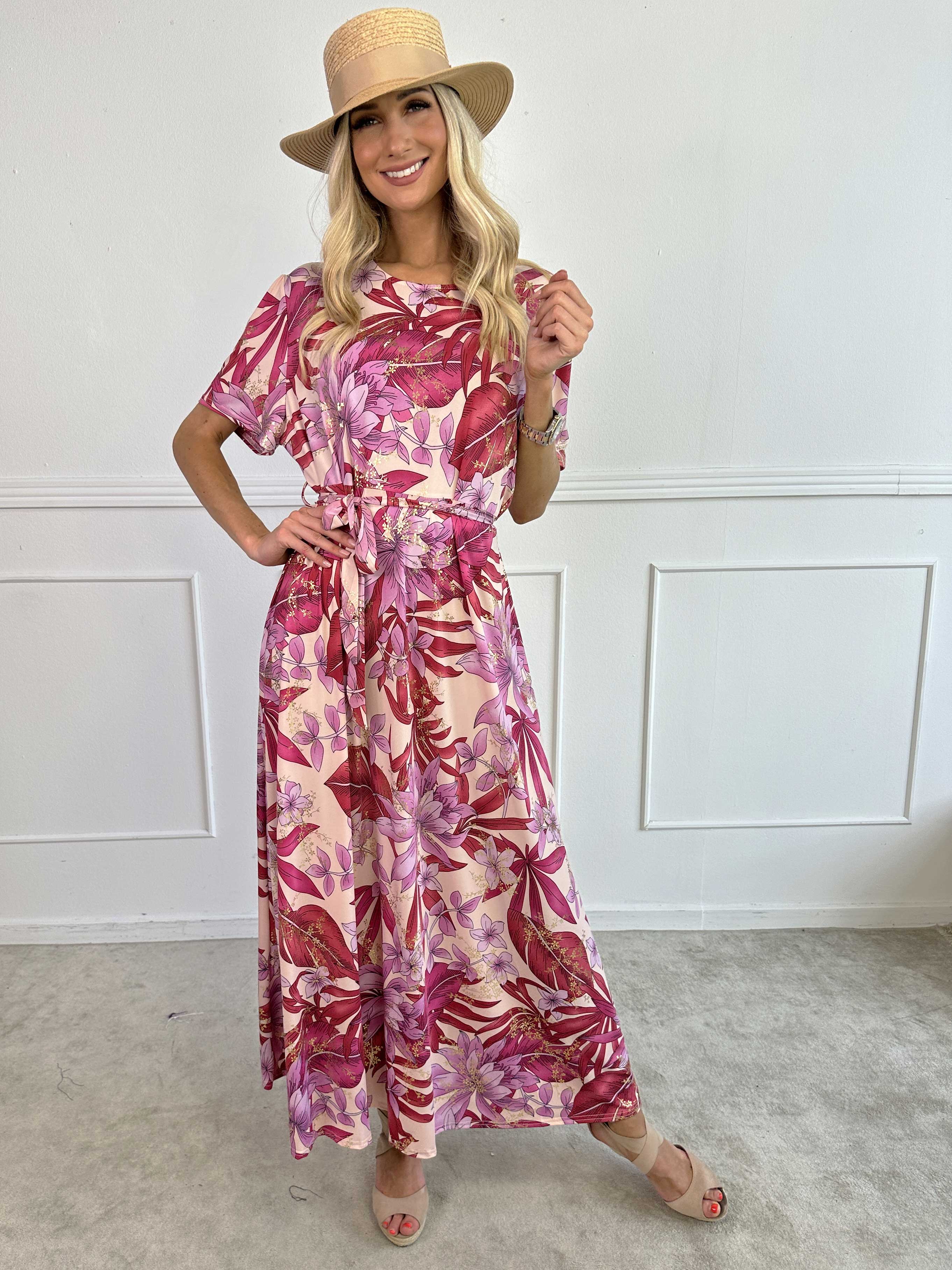 Sansa - Lång elastisk blommig klänning med knytband