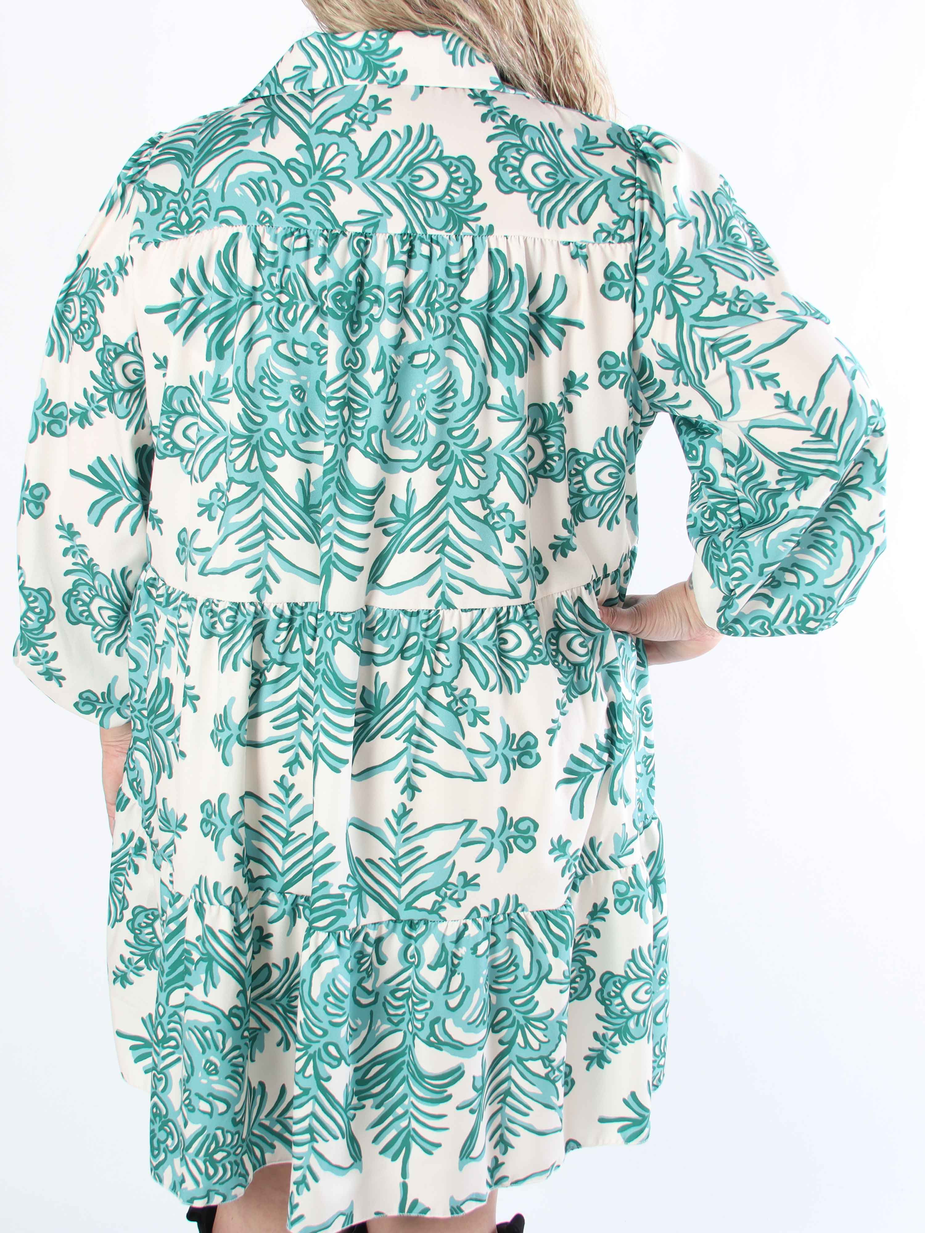 Sophie - Mönstrad plus size-skjortklänning i viskosblandning med volangkant