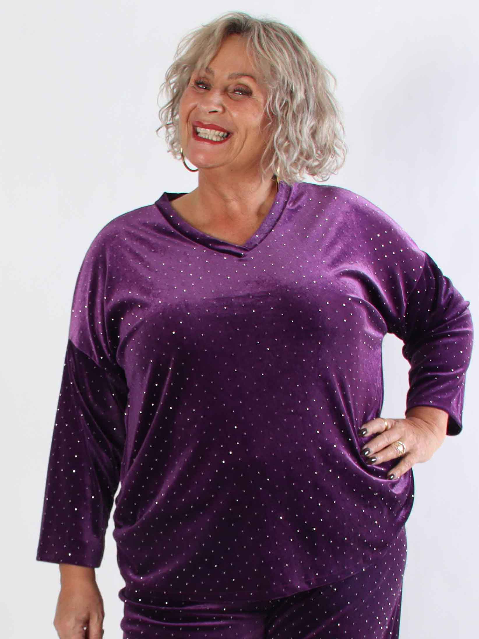 Sparkling - Mjukt plus size set i velour med glittrande stenar