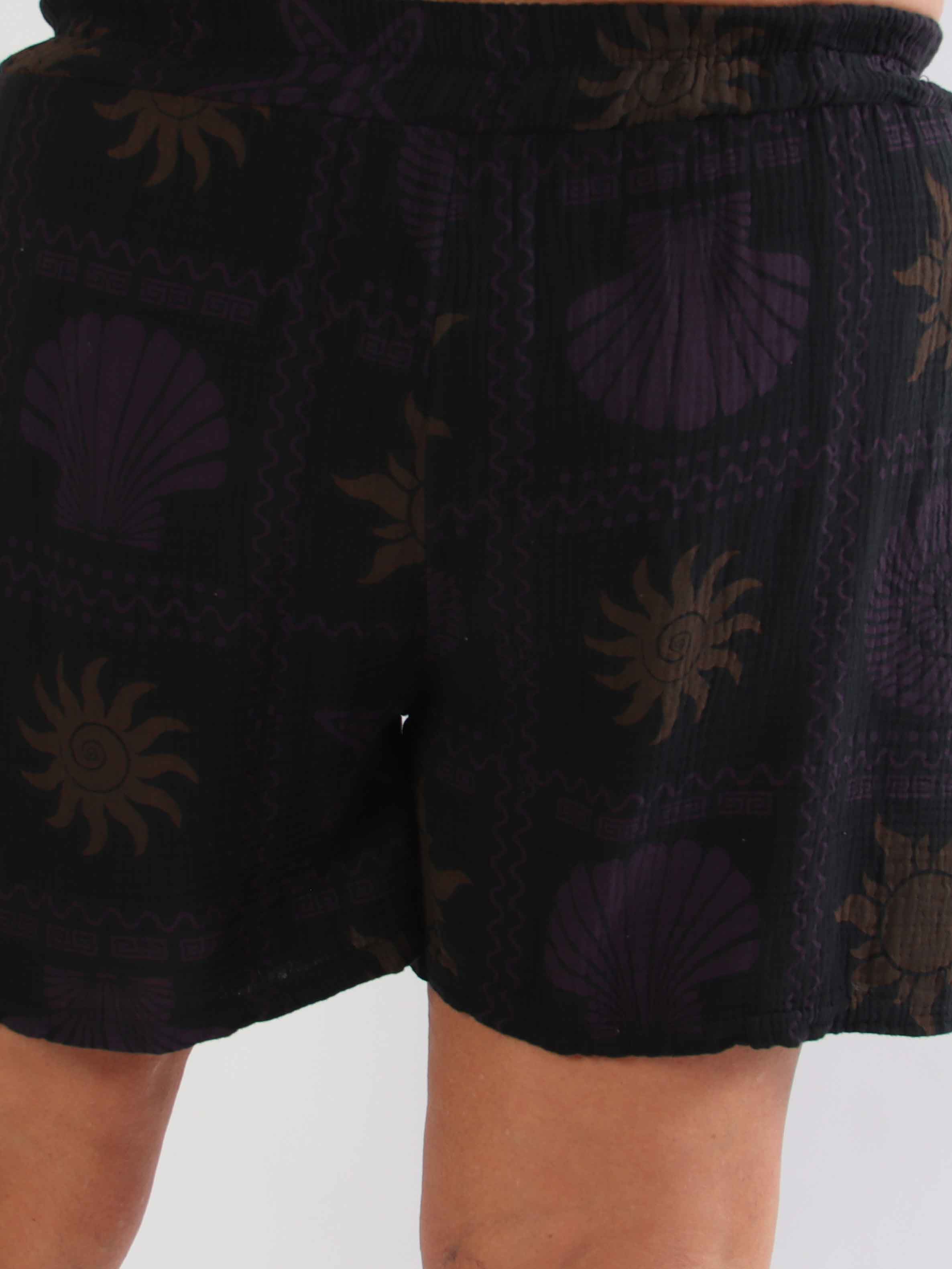 Stevie Summer - Plus size shorts i bomulds musselin-stof med sommermotiver