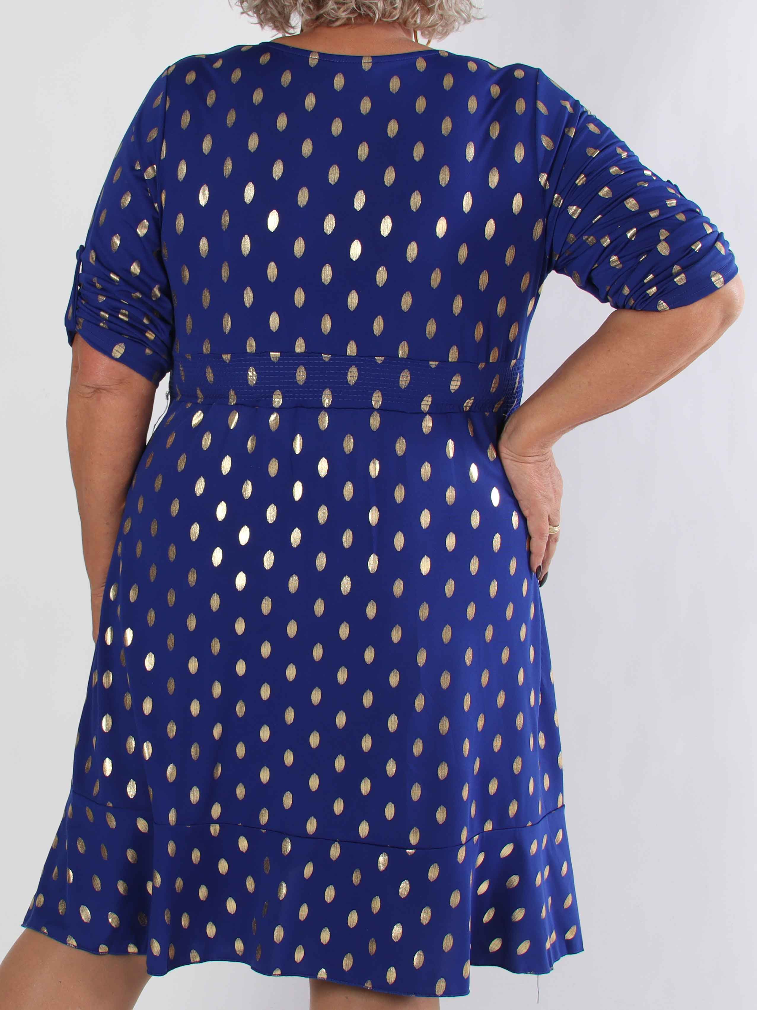 Savina Gold - Elastisk plus size klänning i omlott-look med guldprickar
